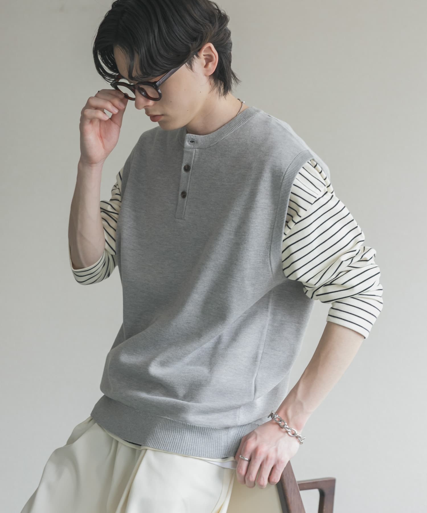 ワッフルニットベスト＋ロングTシャツSET(M BLK): トップス｜URBAN