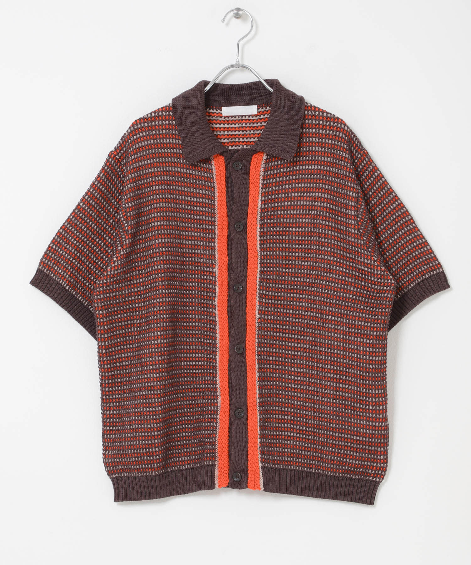 『洗濯可』ペーパータッチMIXショートスリーブニットシャツ RED×BRN M