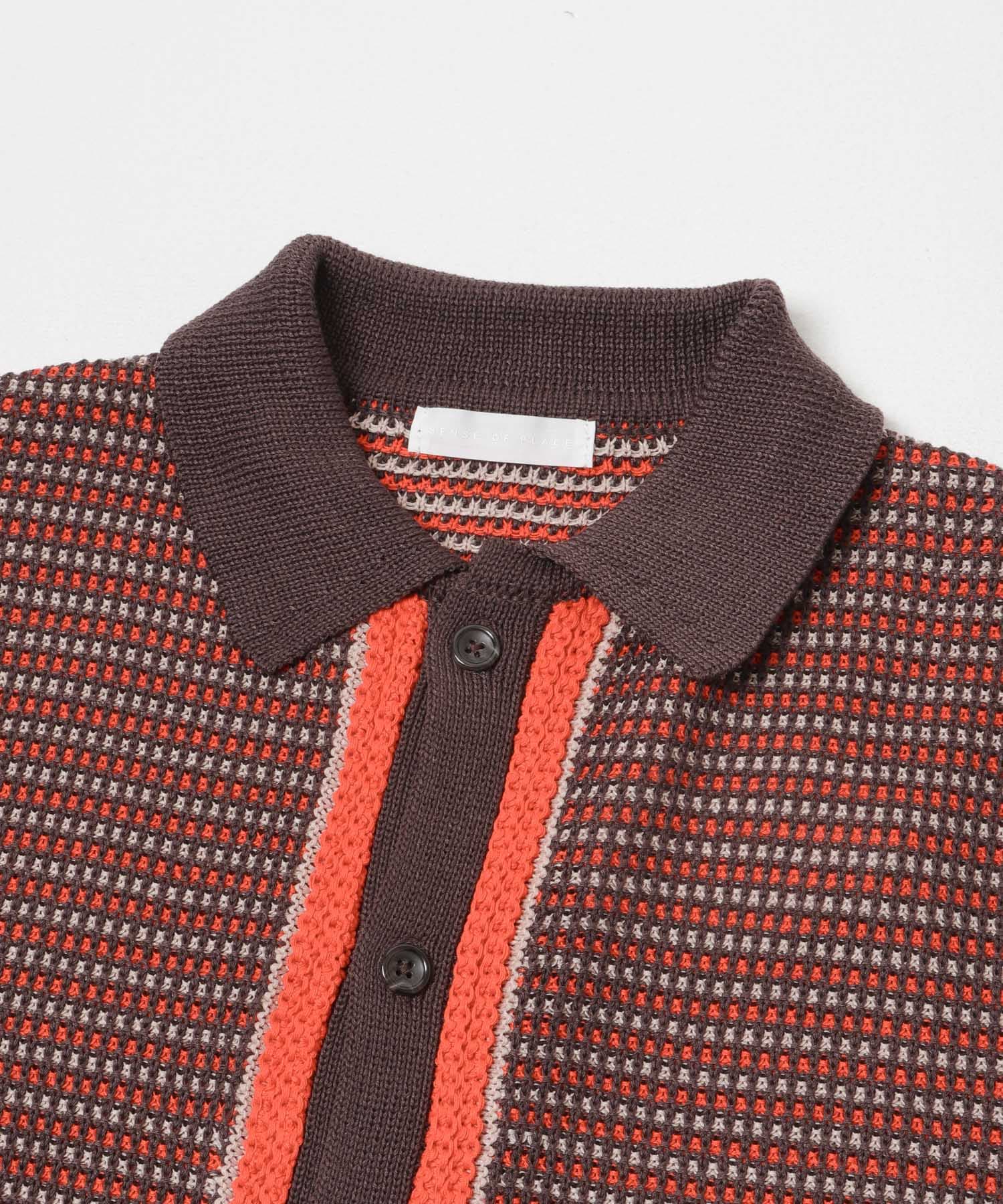 『洗濯可』ペーパータッチMIXショートスリーブニットシャツ RED×BRN M