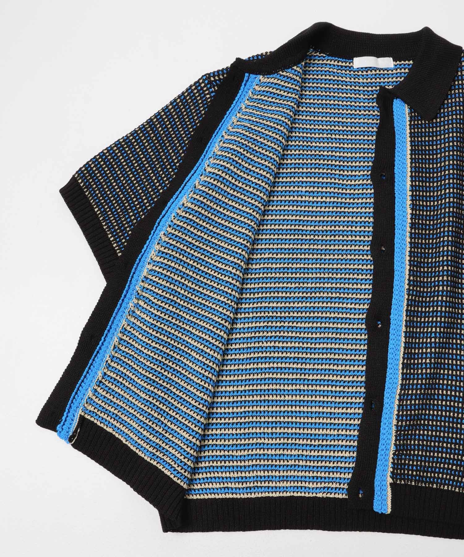 『洗濯可』ペーパータッチMIXショートスリーブニットシャツ BLK×BLU M