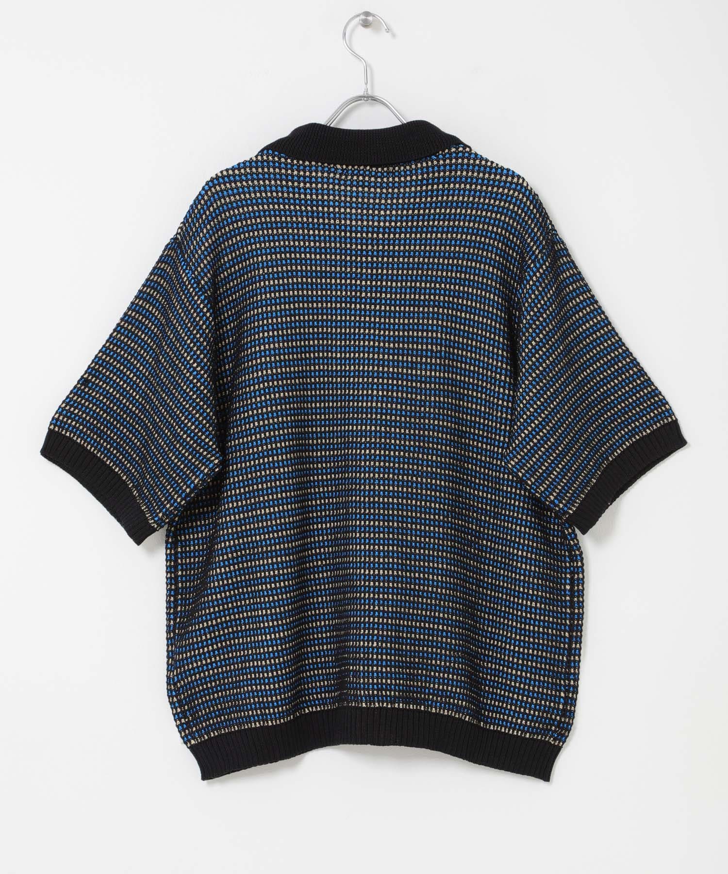 『洗濯可』ペーパータッチMIXショートスリーブニットシャツ BLK×BLU M
