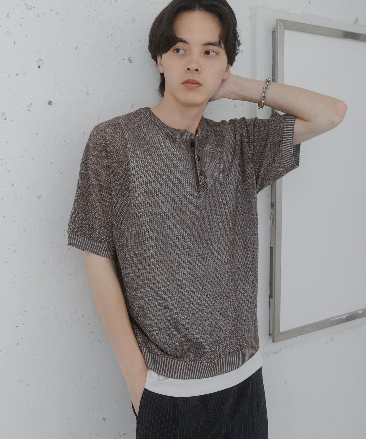 『洗濯可』リネンタッチメッシュヘンリーニット