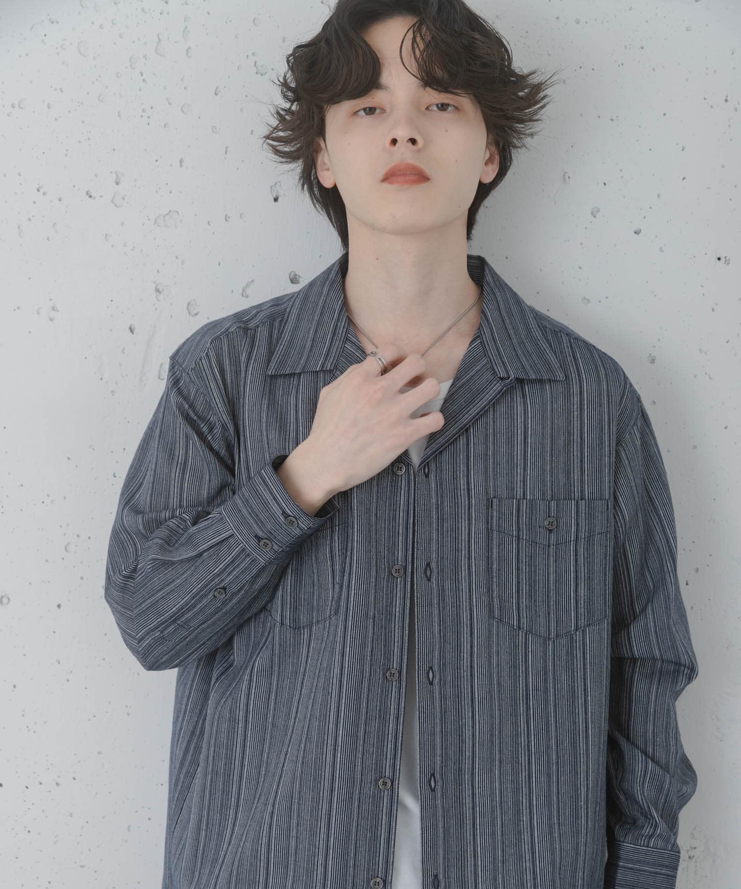 スラブストライプオープンカラーシャツ