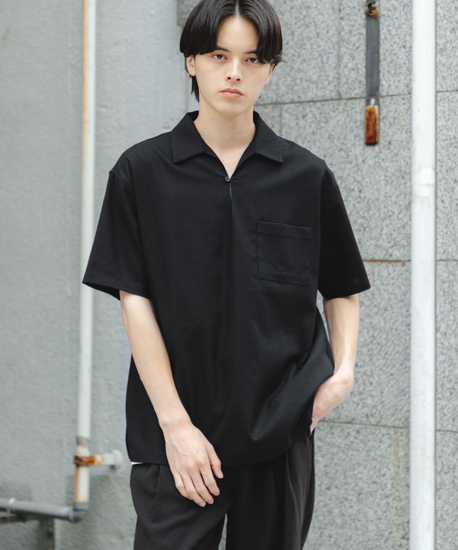 リネンブレンドプルオーバーショートスリーブシャツ(M BLACK