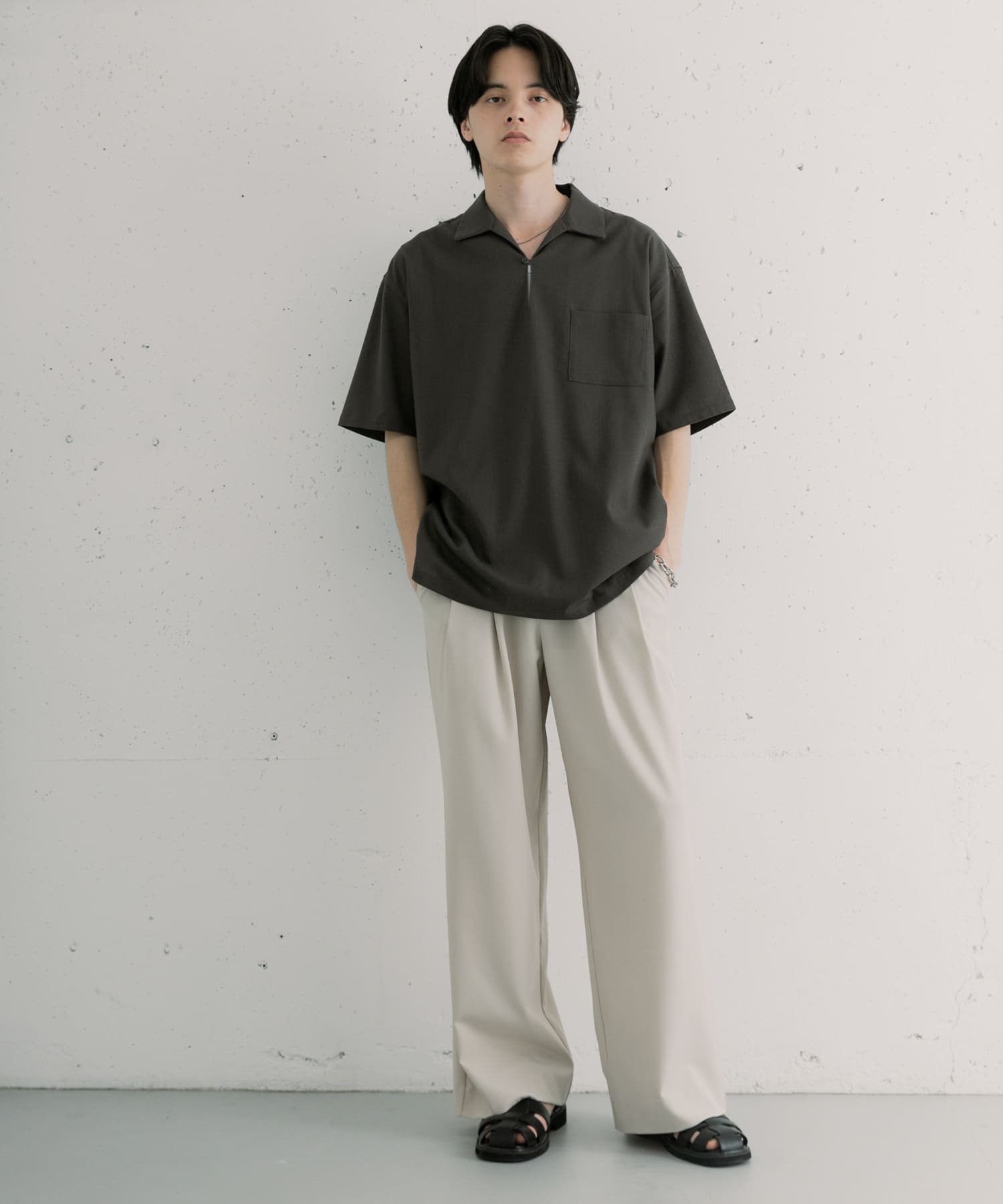 リネンブレンドプルオーバーショートスリーブシャツ(M BLACK