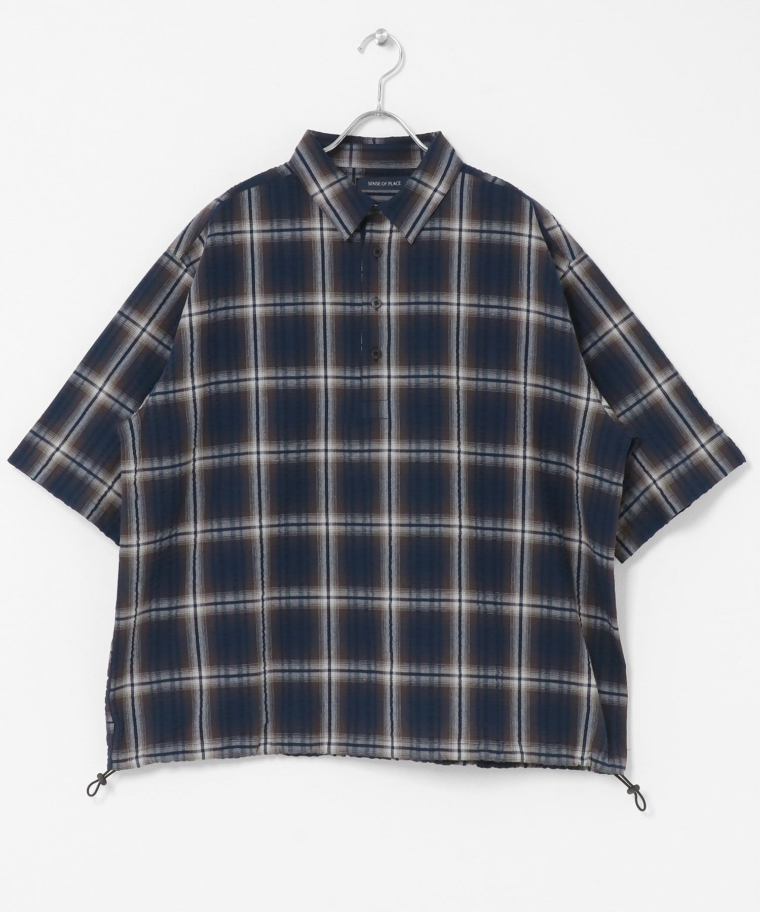 ルーズドロストプルオーバーシャツ NAVY CHECK M
