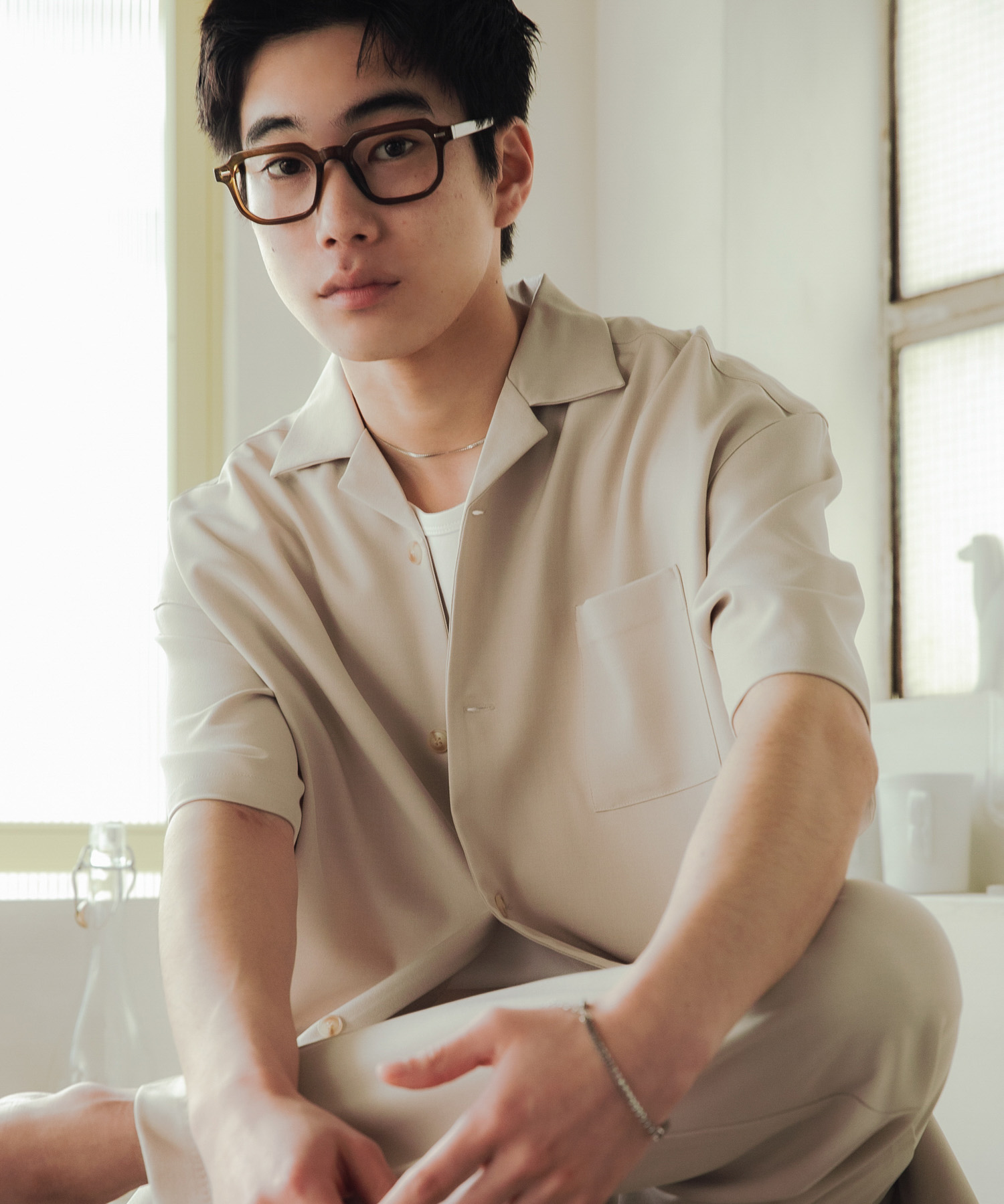 『速乾』ドライタッチオープンカラールーズショートスリーブシャツ