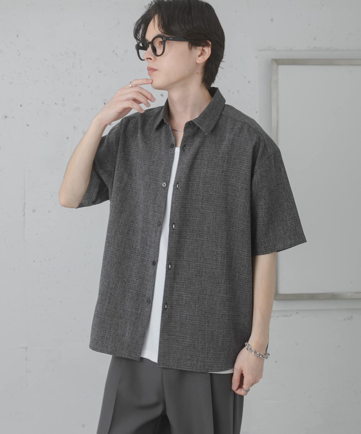 メランジレギュラーカラーショートスリーブシャツ(M BLACK): トップス