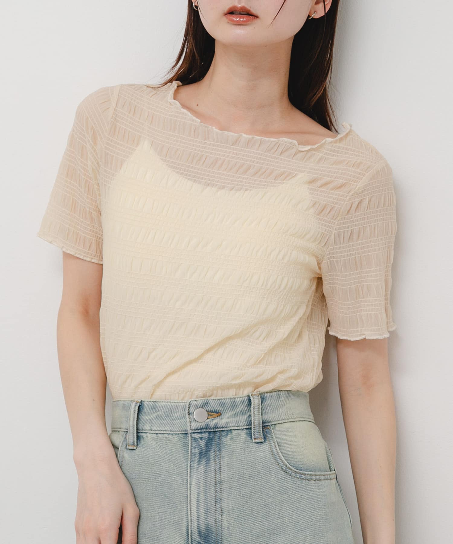 シャーリングシアートップ(5分袖)
