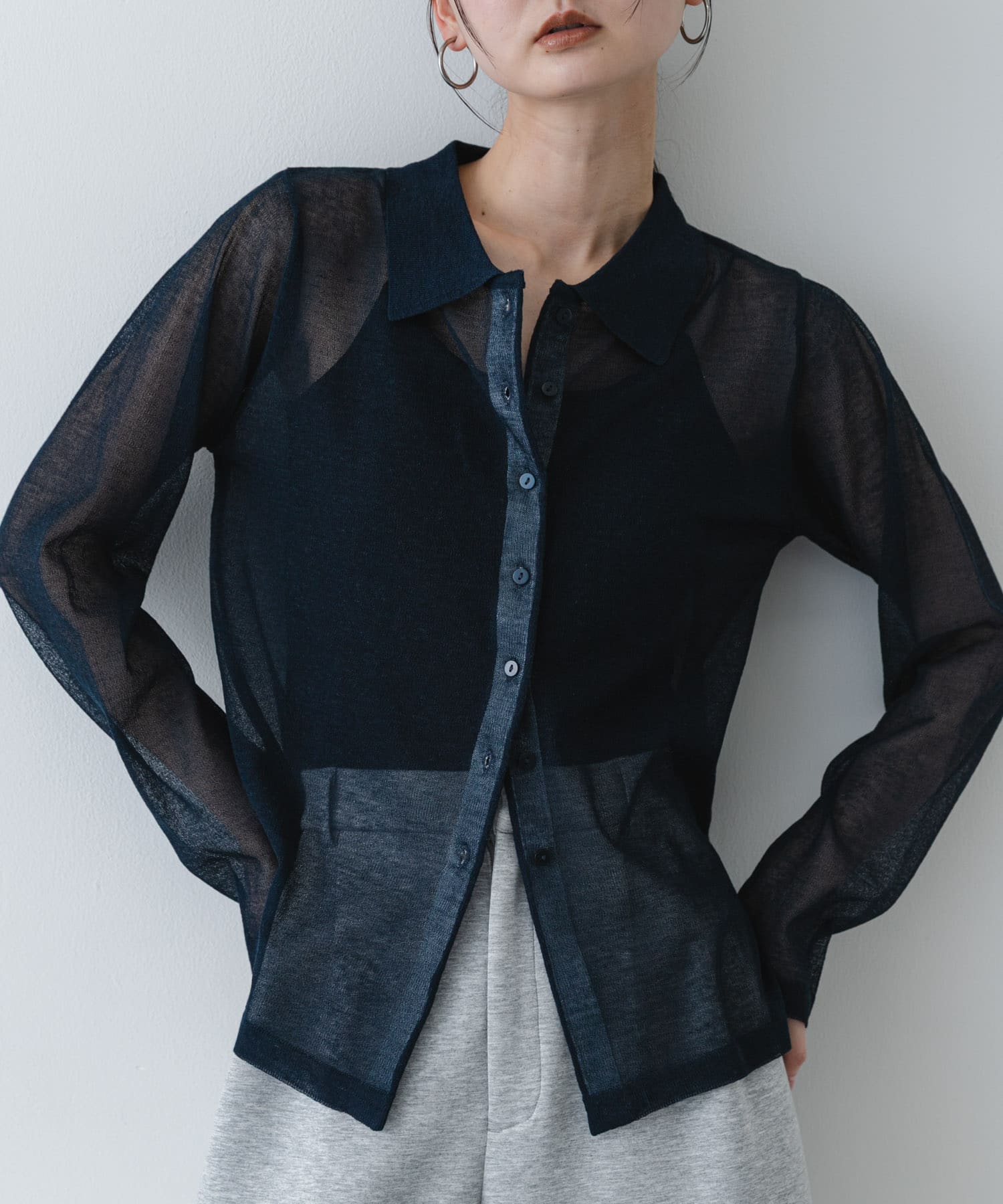 『洗濯可/接触冷感』シアーニットシャツカーディガン