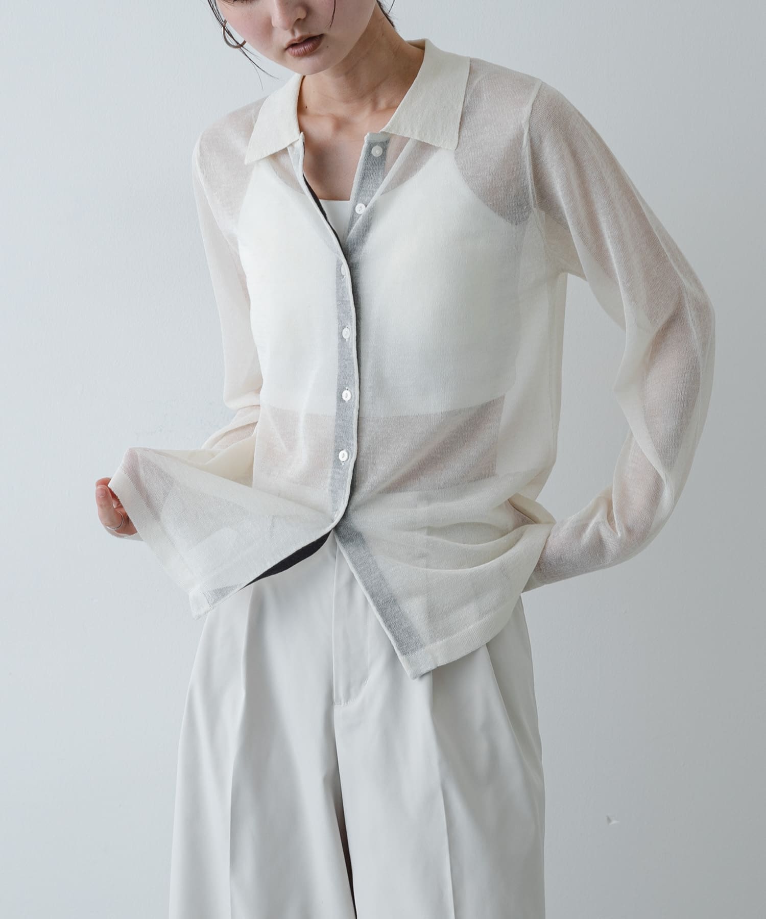 『洗濯可/接触冷感』シアーニットシャツカーディガン