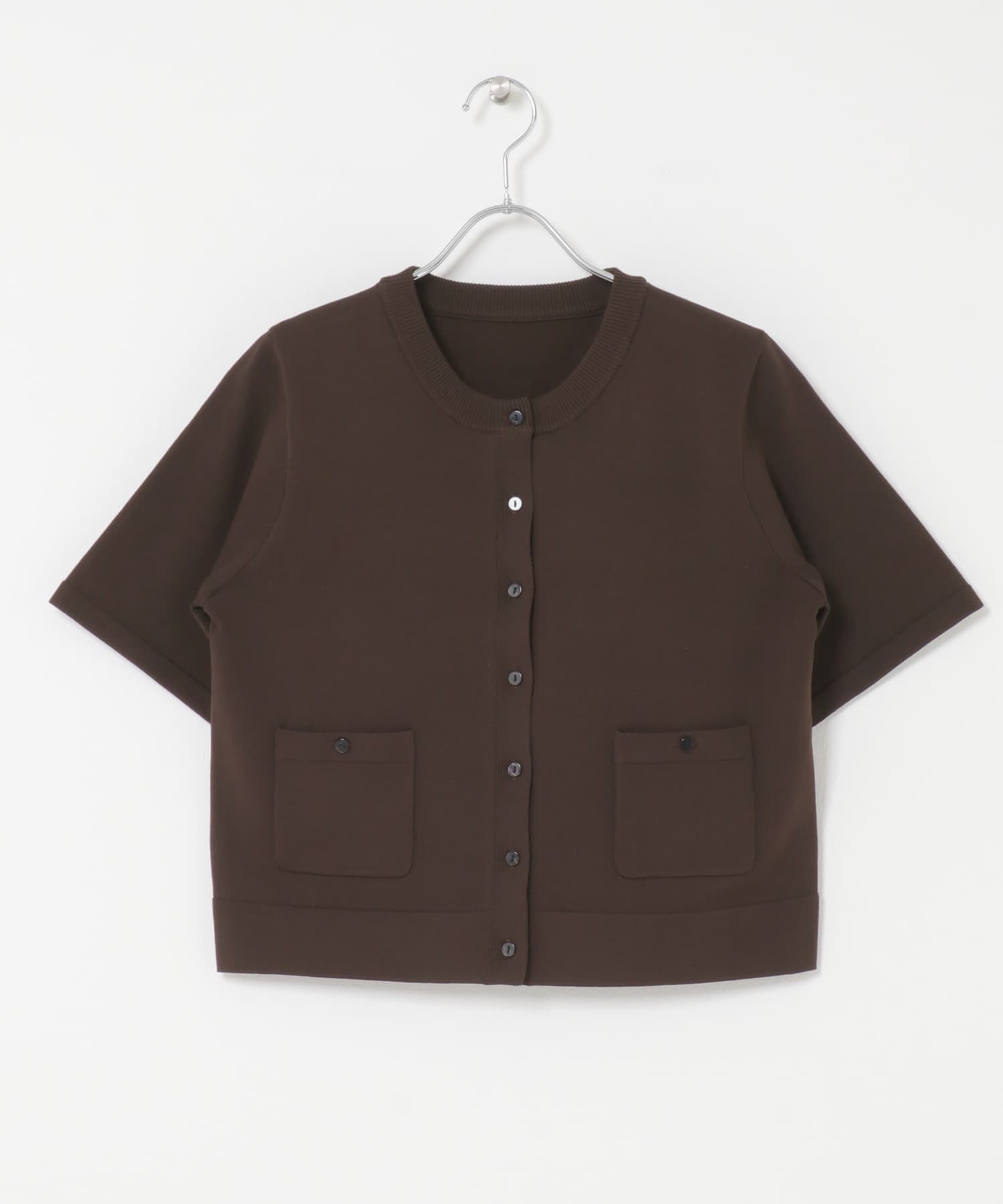 『洗濯可』ポケットツキハーフスリーブカーディガン BROWN One