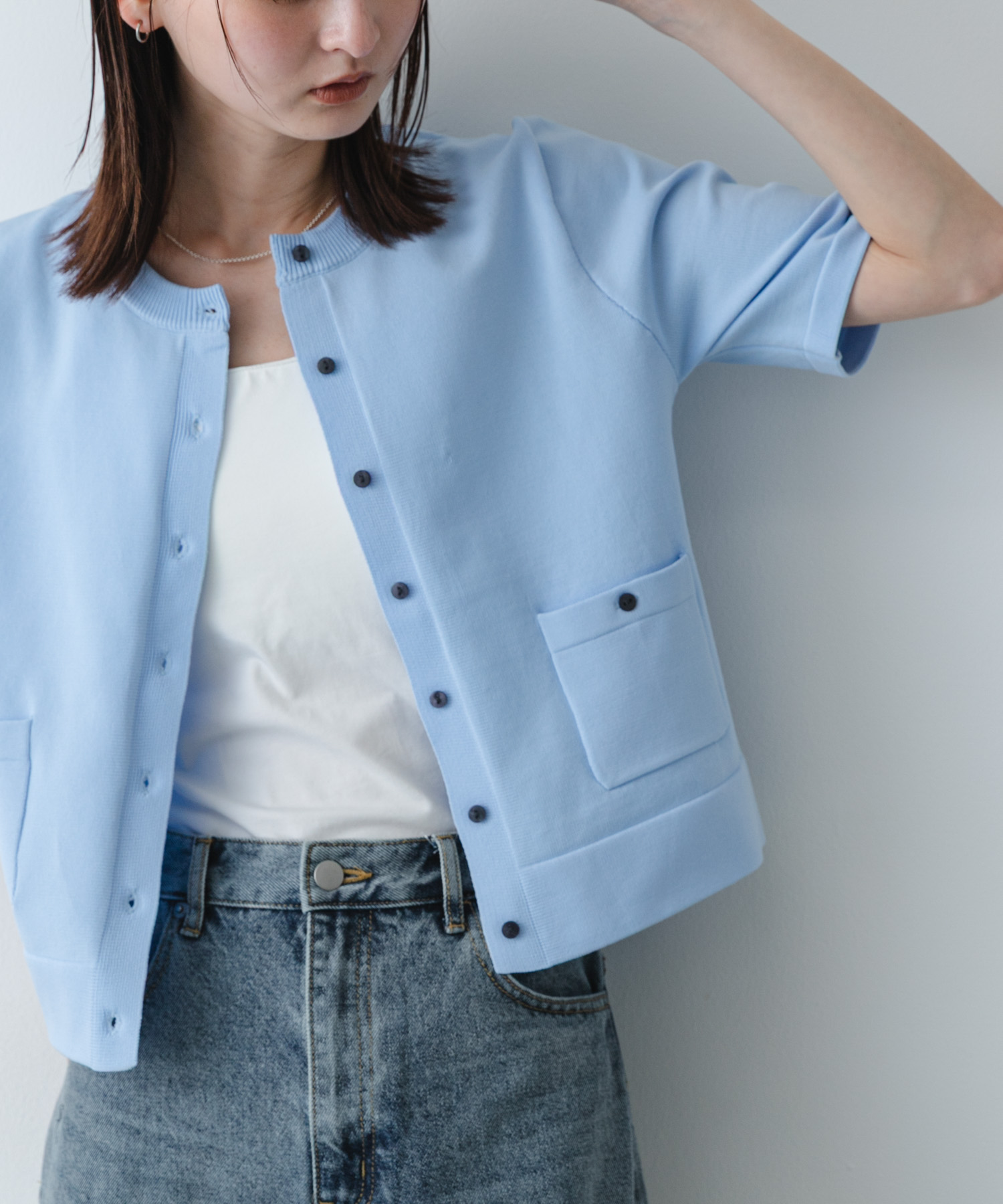 『洗濯可』ポケットツキハーフスリーブカーディガン