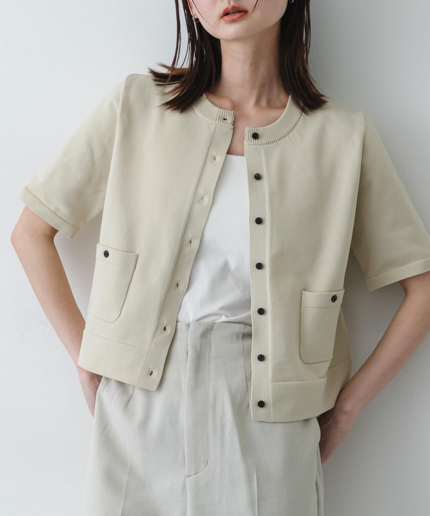 『洗濯可』ポケットツキハーフスリーブカーディガン