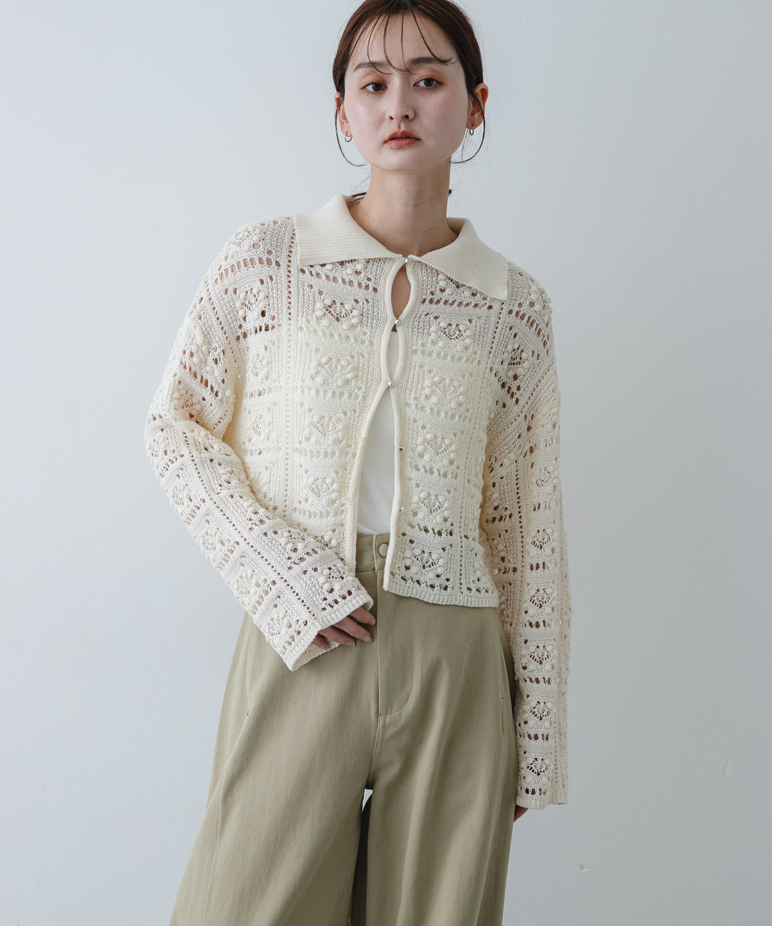 『洗濯可』レースアミエリツキニットカーディガン
