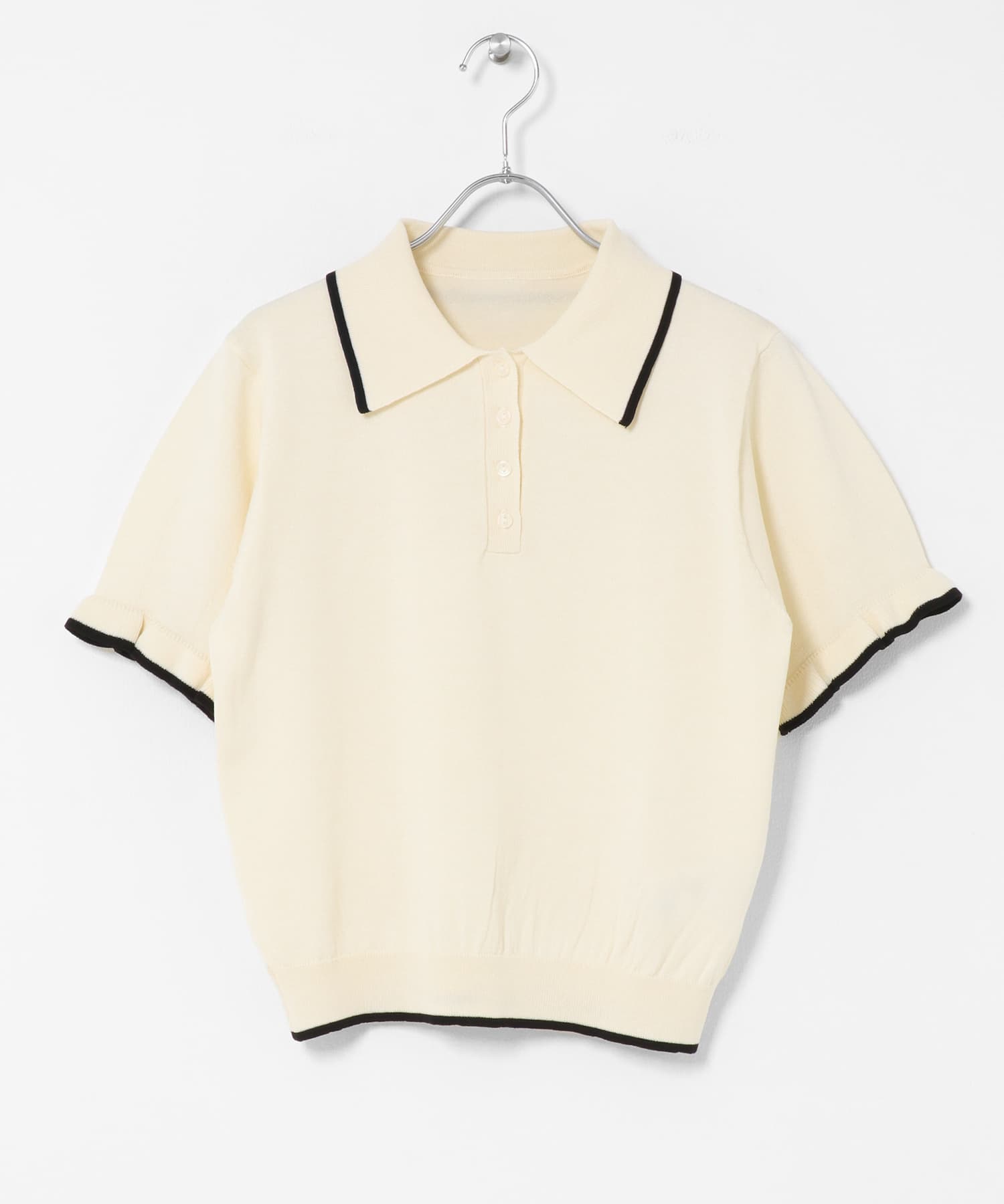 『洗濯可』フリルニットポロシャツ OFF×BLK One