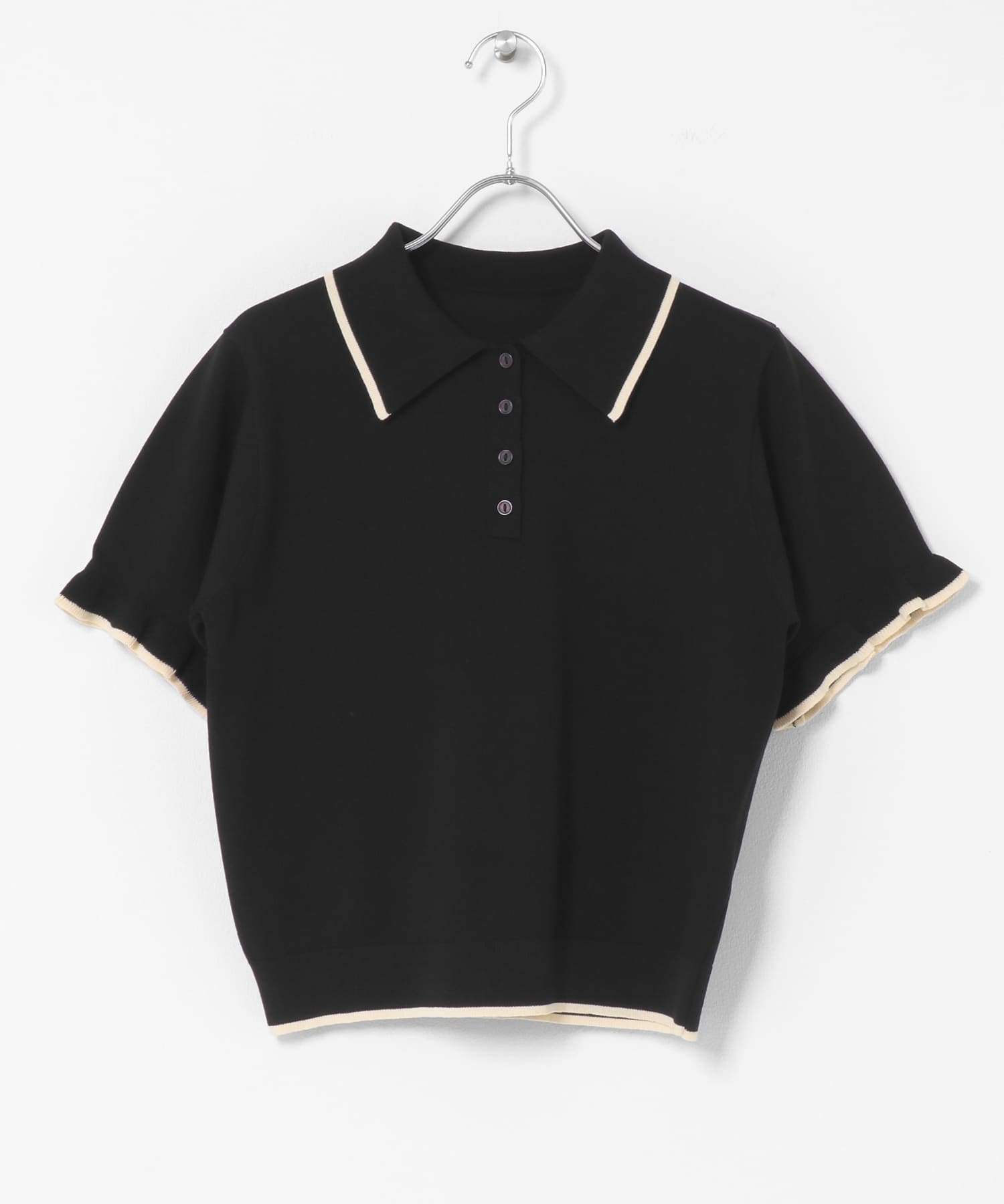 『洗濯可』フリルニットポロシャツ BLK×OFF One
