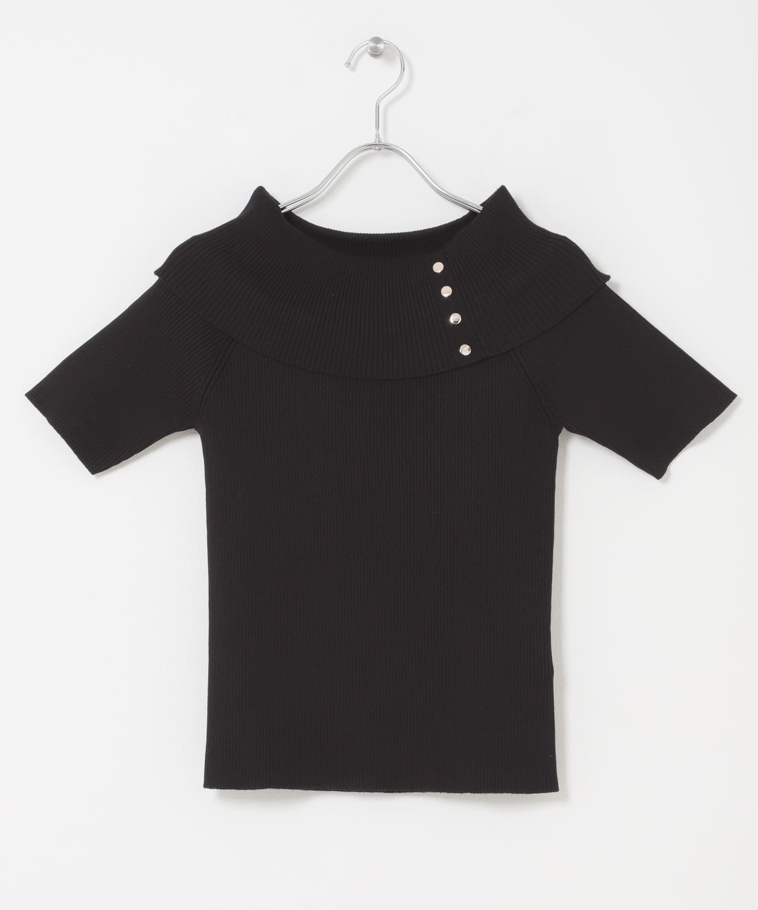 『洗濯可』メタルボタンオフショルリブセーター BLACK One