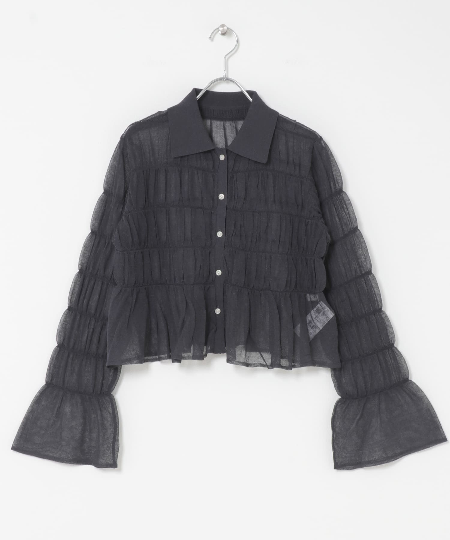 『洗濯可』シャーリングエリツキニットカーディガン CHARCOAL One