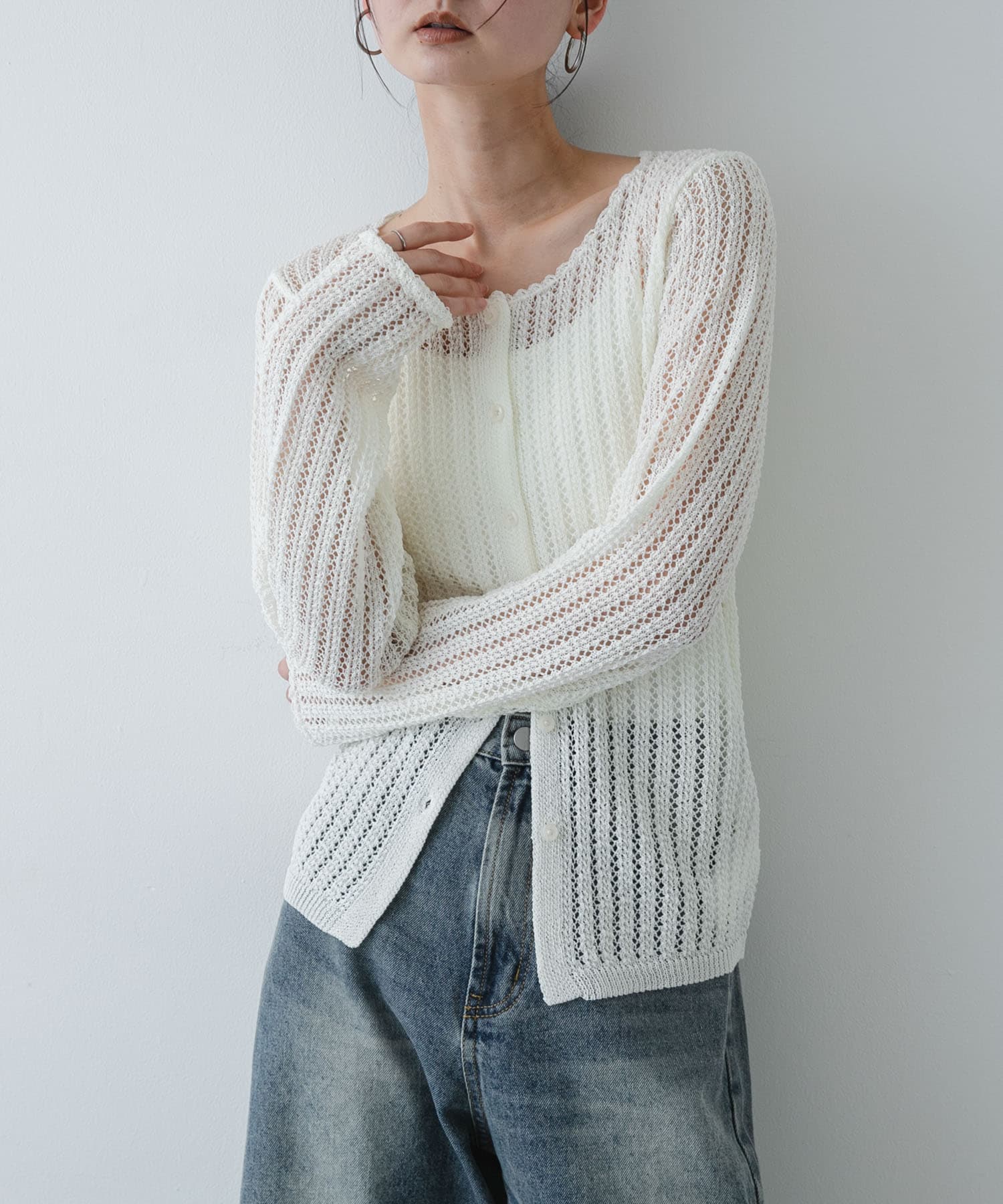 『洗濯可』スカラップレースアミカーディガン