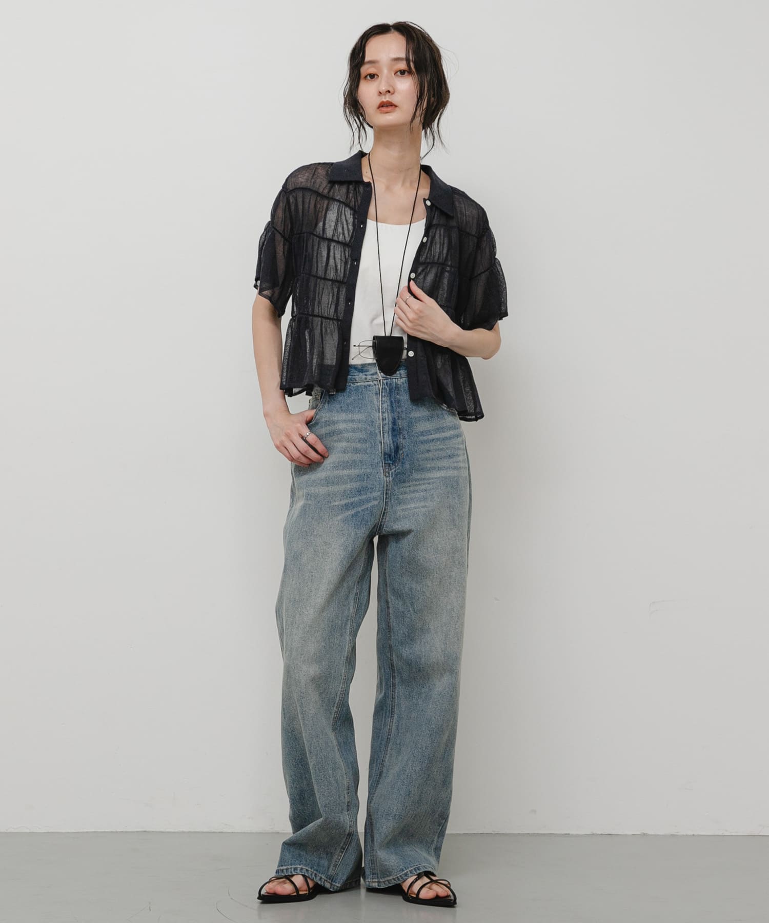 洗濯可』シャーリングニットカーディガン(半袖)(One Y.BEIGE