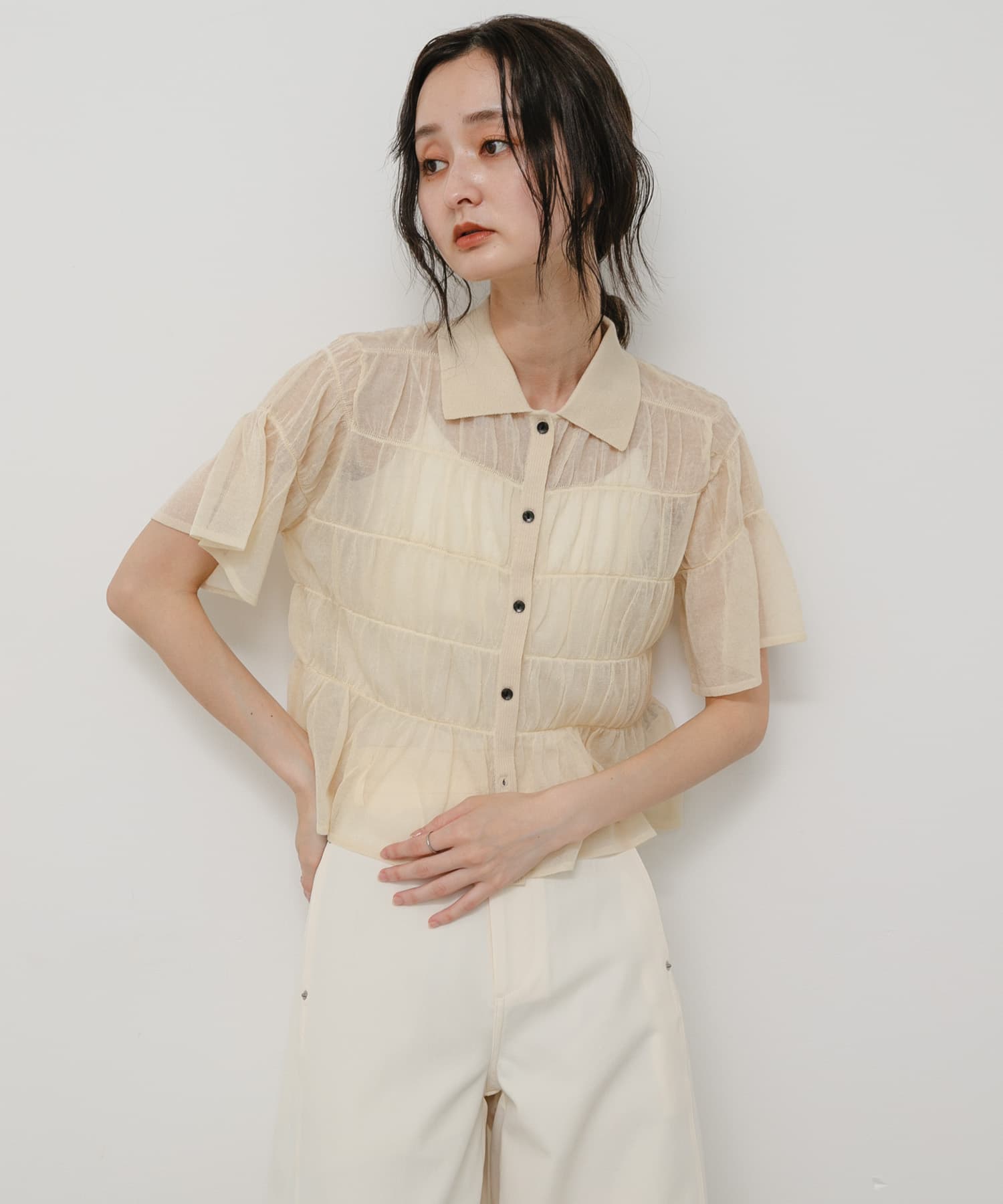 洗濯可』シャーリングニットカーディガン(半袖)(One Y.BEIGE