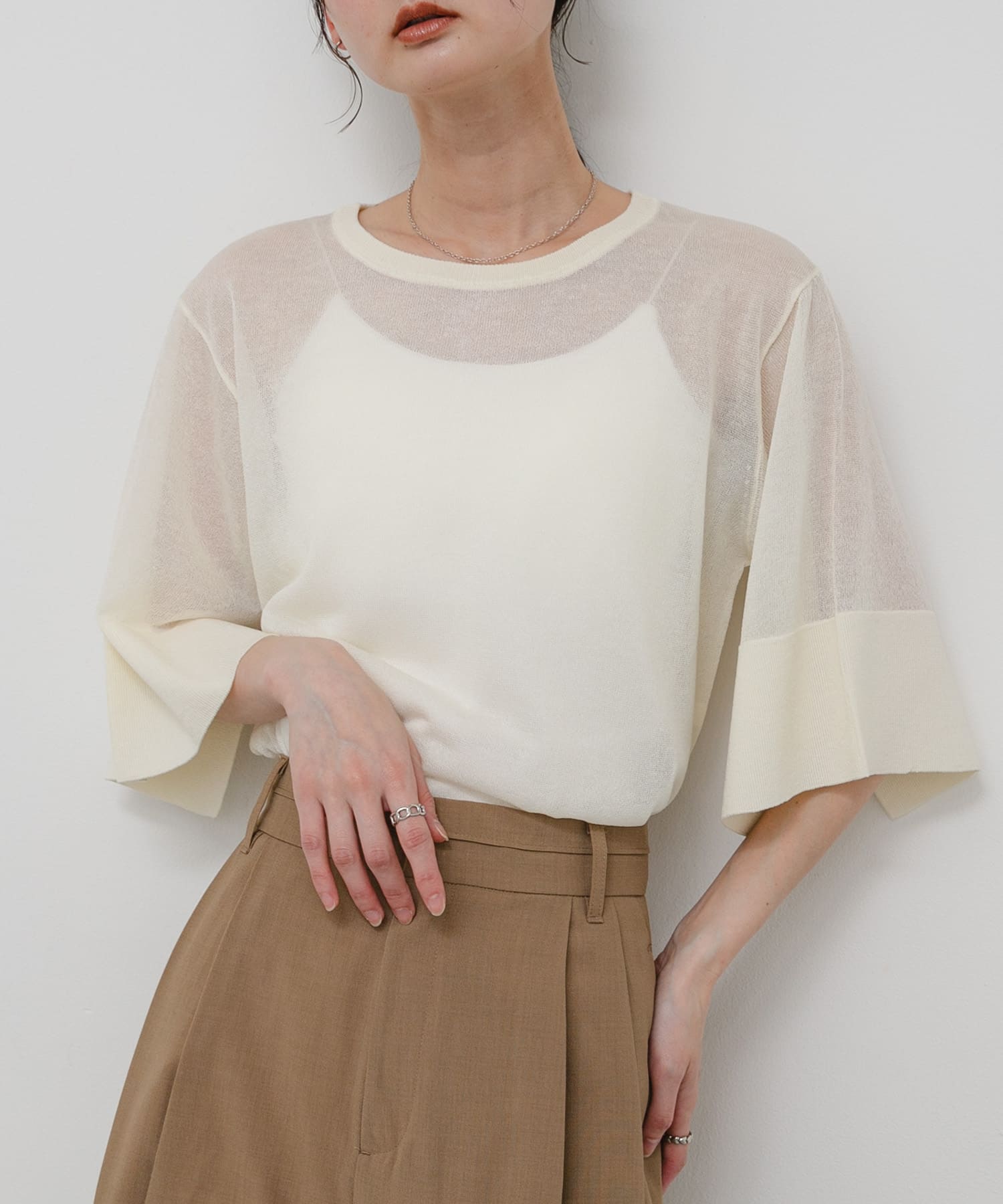 『洗濯可』UVケアワイドスリーブシアーニット OFF WHITE One
