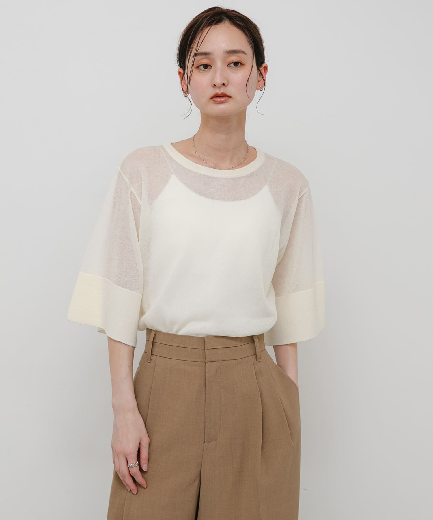 『洗濯可』UVケアワイドスリーブシアーニット OFF WHITE One