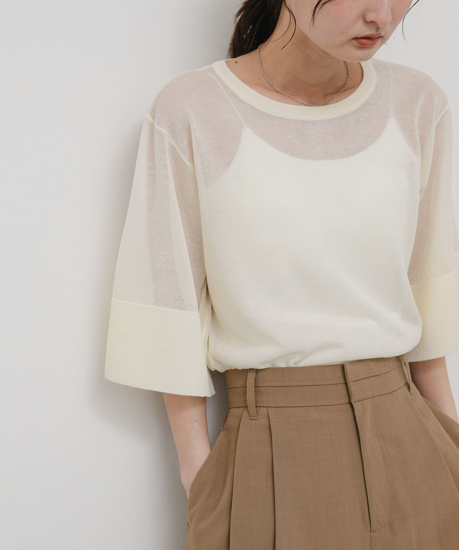『洗濯可』UVケアワイドスリーブシアーニット OFF WHITE One