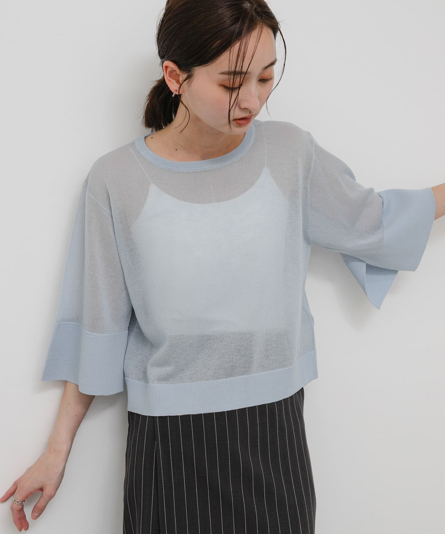 『洗濯可』UVケアワイドスリーブシアーニット L.BLUE One