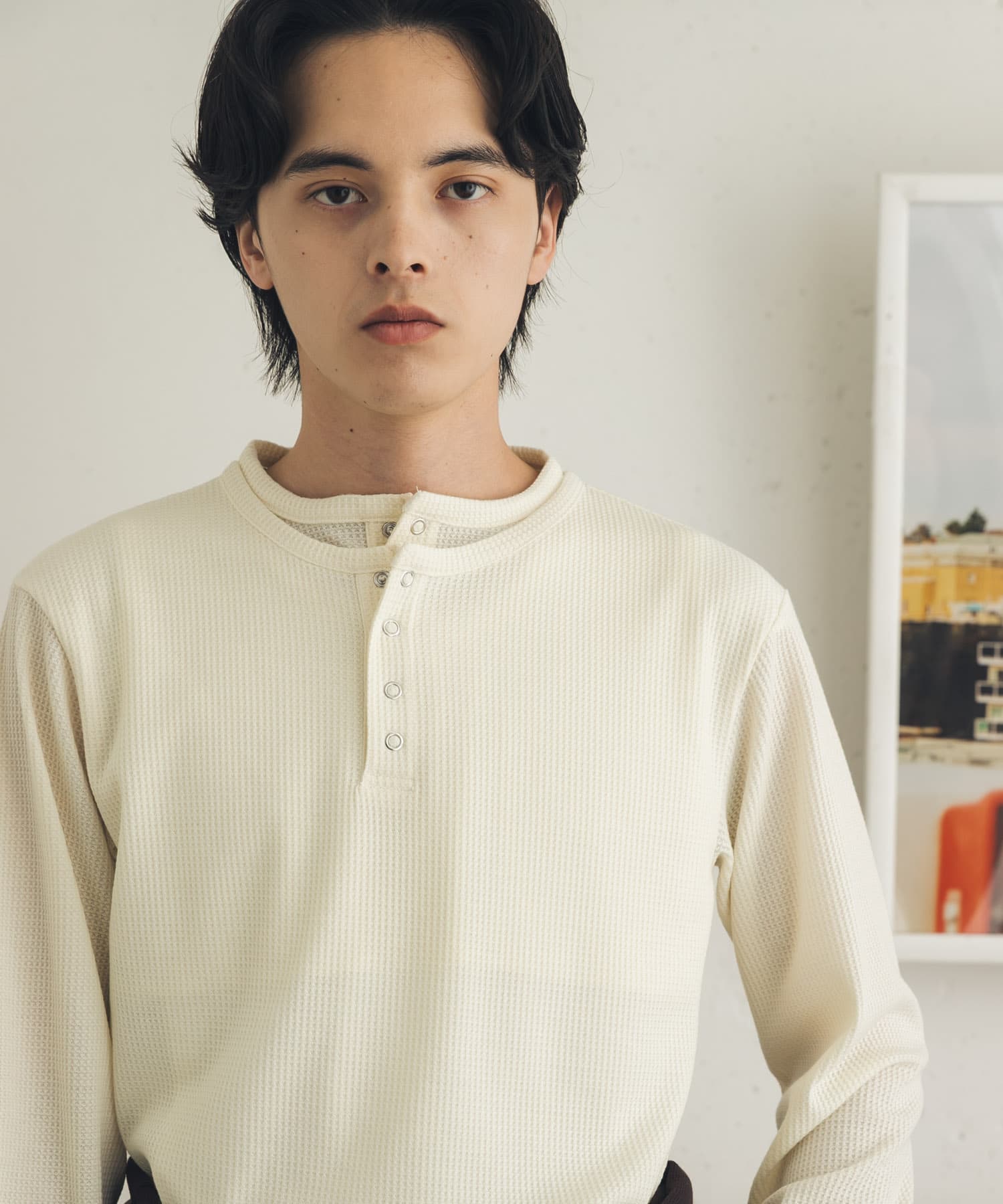 フェイクレイヤードヘンリーネックロングTシャツ