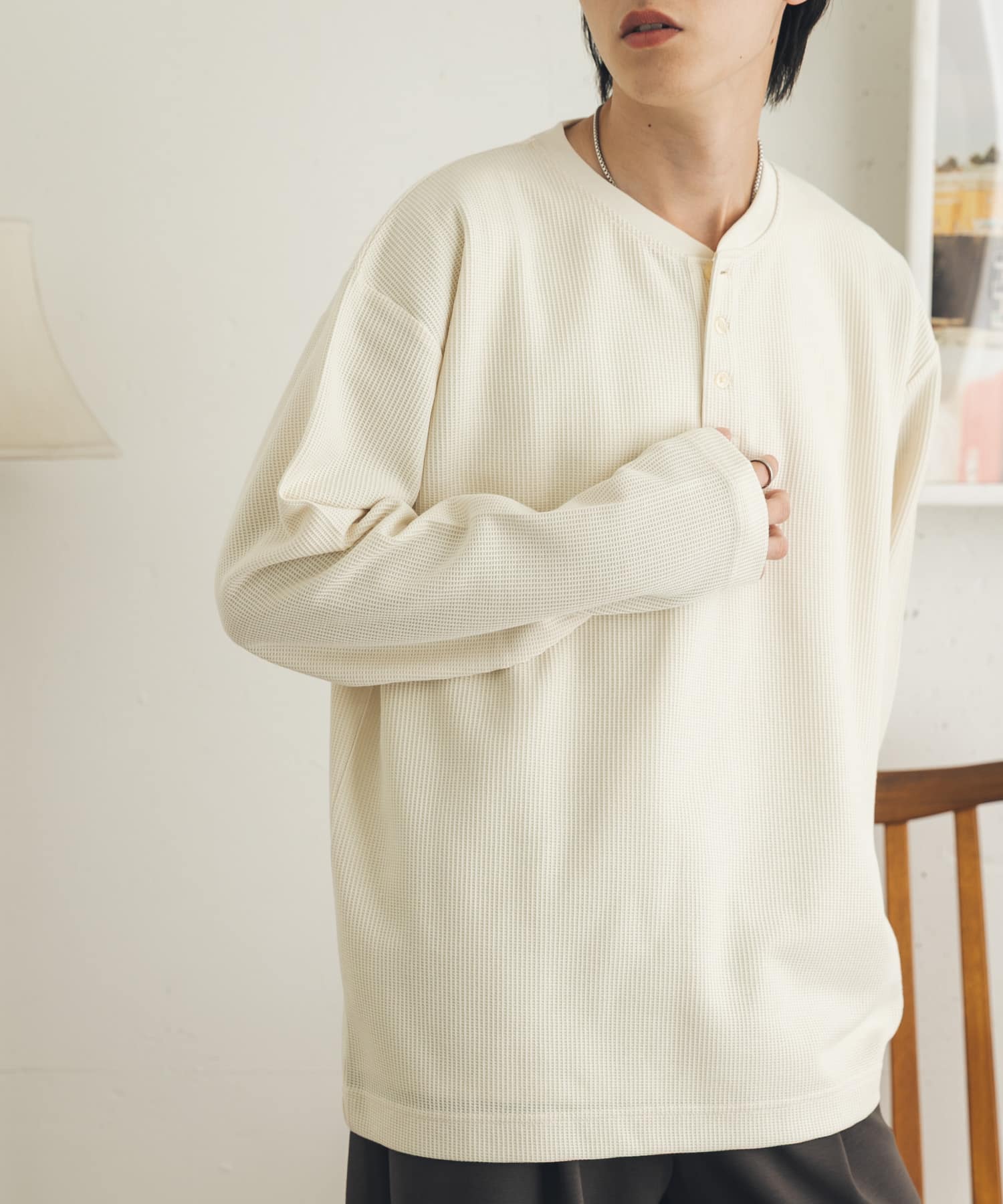 ワッフルヘンリーネックロングTシャツ(M IVORY): トップス｜URBAN