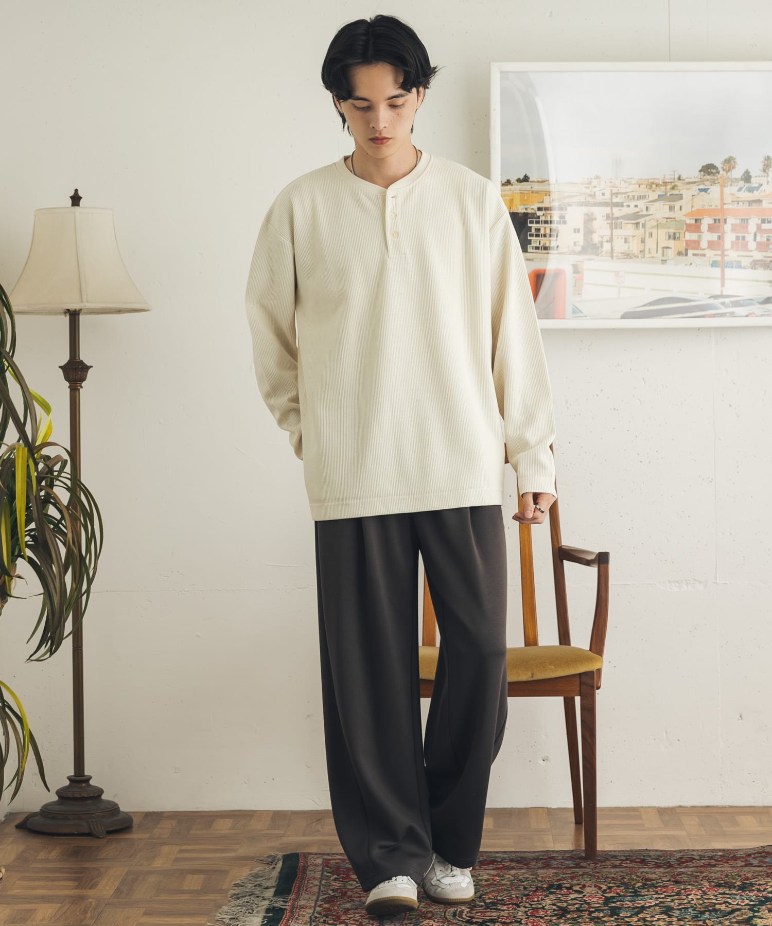 ワッフルヘンリーネックロングTシャツ(M IVORY): トップス｜URBAN