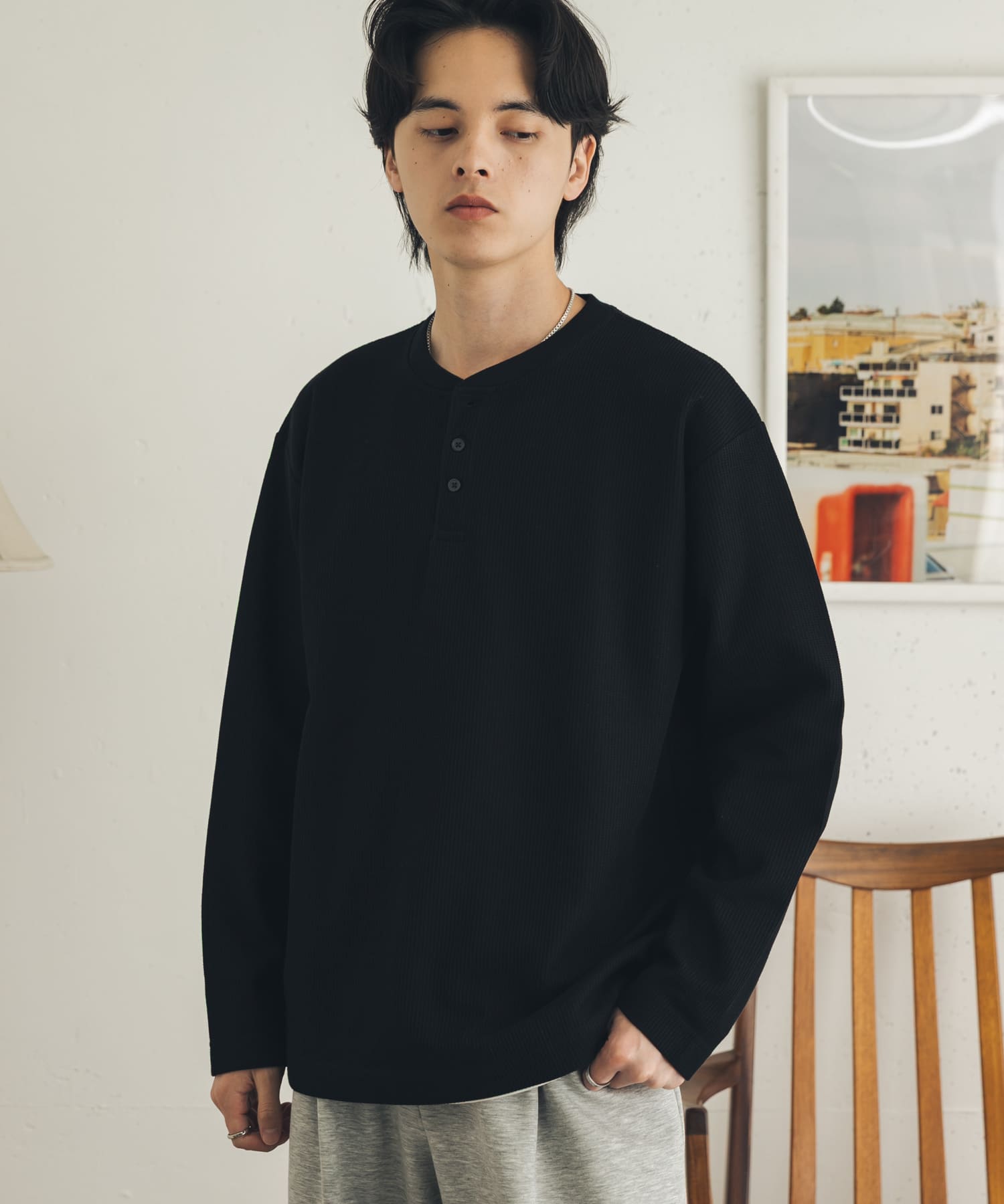 ワッフルヘンリーネックロングTシャツ(M IVORY): トップス｜URBAN
