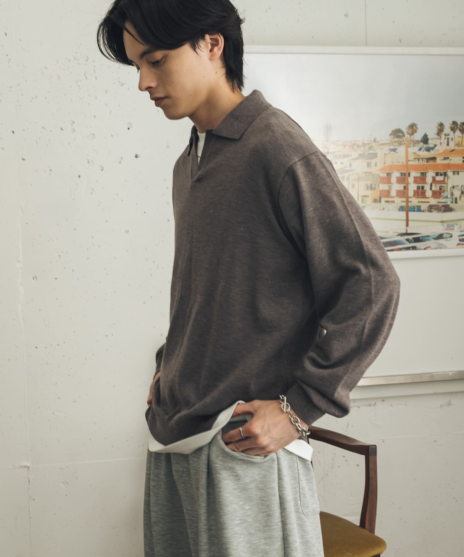 洗濯可』ウールブレンドスキッパーニット(M CHARCOAL): トップス