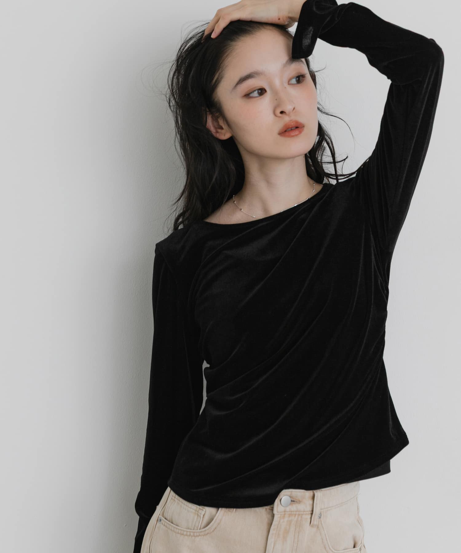 サイドシャーリングベロアロングTシャツ