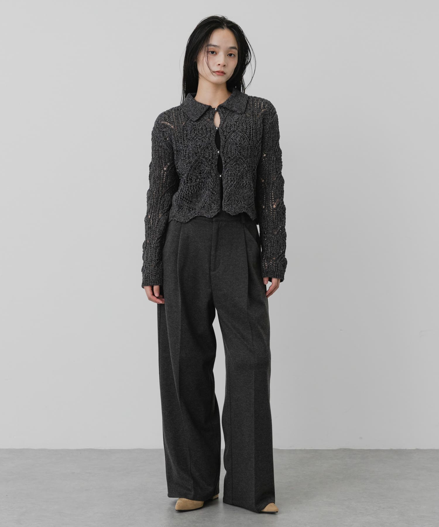 洗濯可』レースアミモールニットカーディガン(One CHARCOAL): トップス