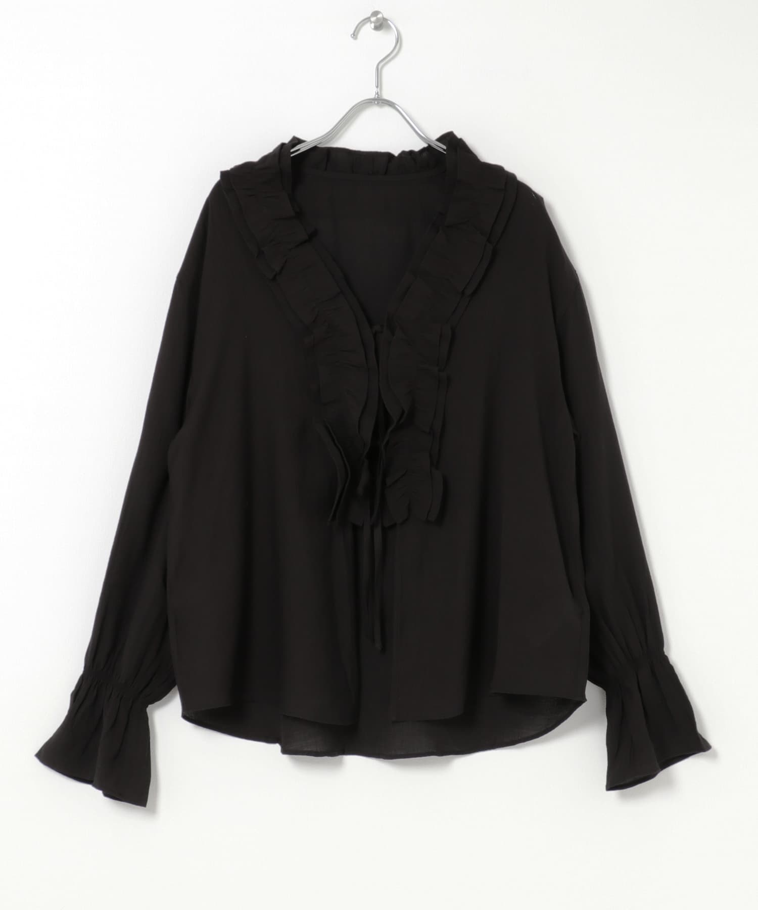 フリルネックヨウリュウブラウス BLACK One