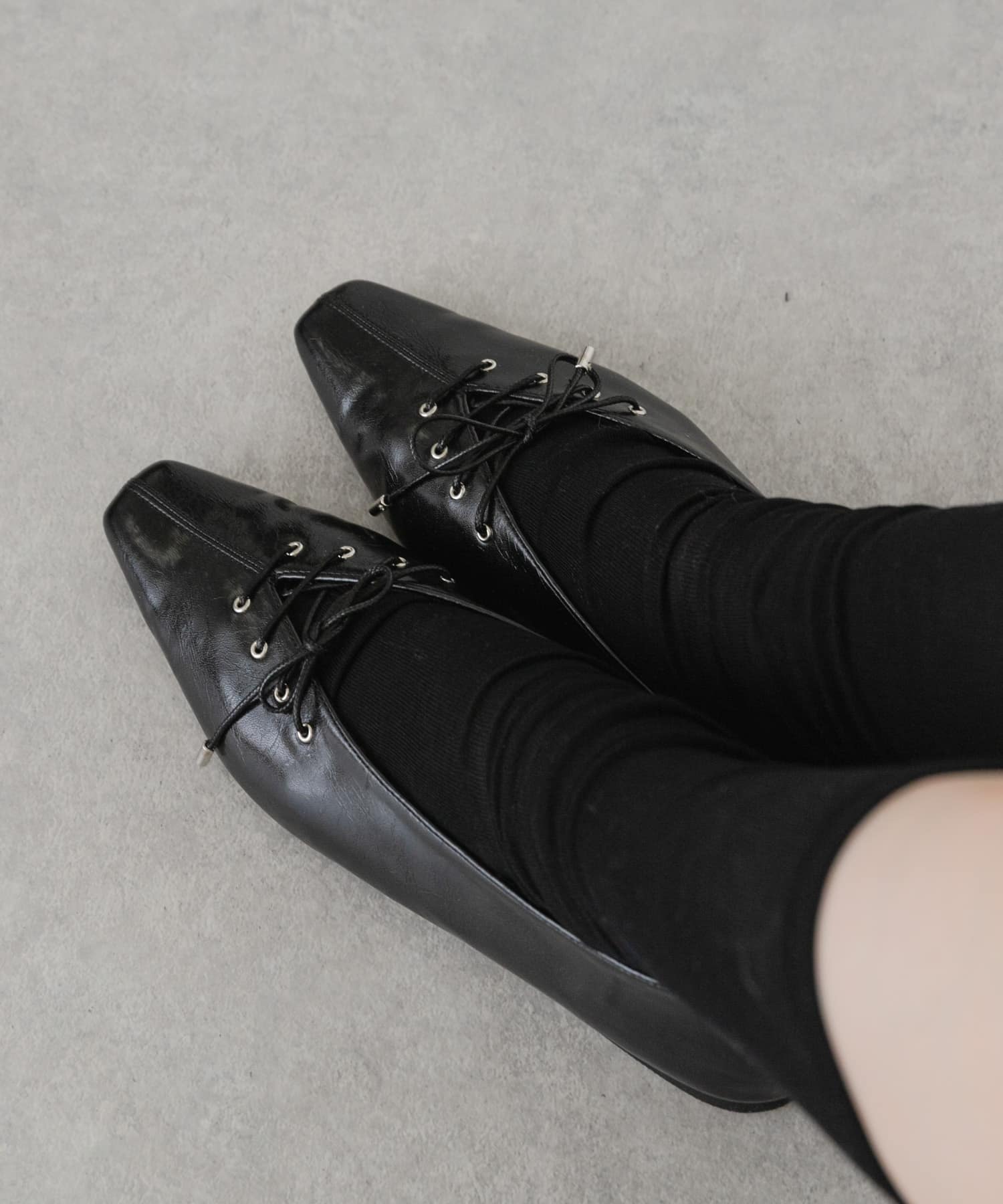 レースアップスクエアトゥフラットシューズ BLACK S