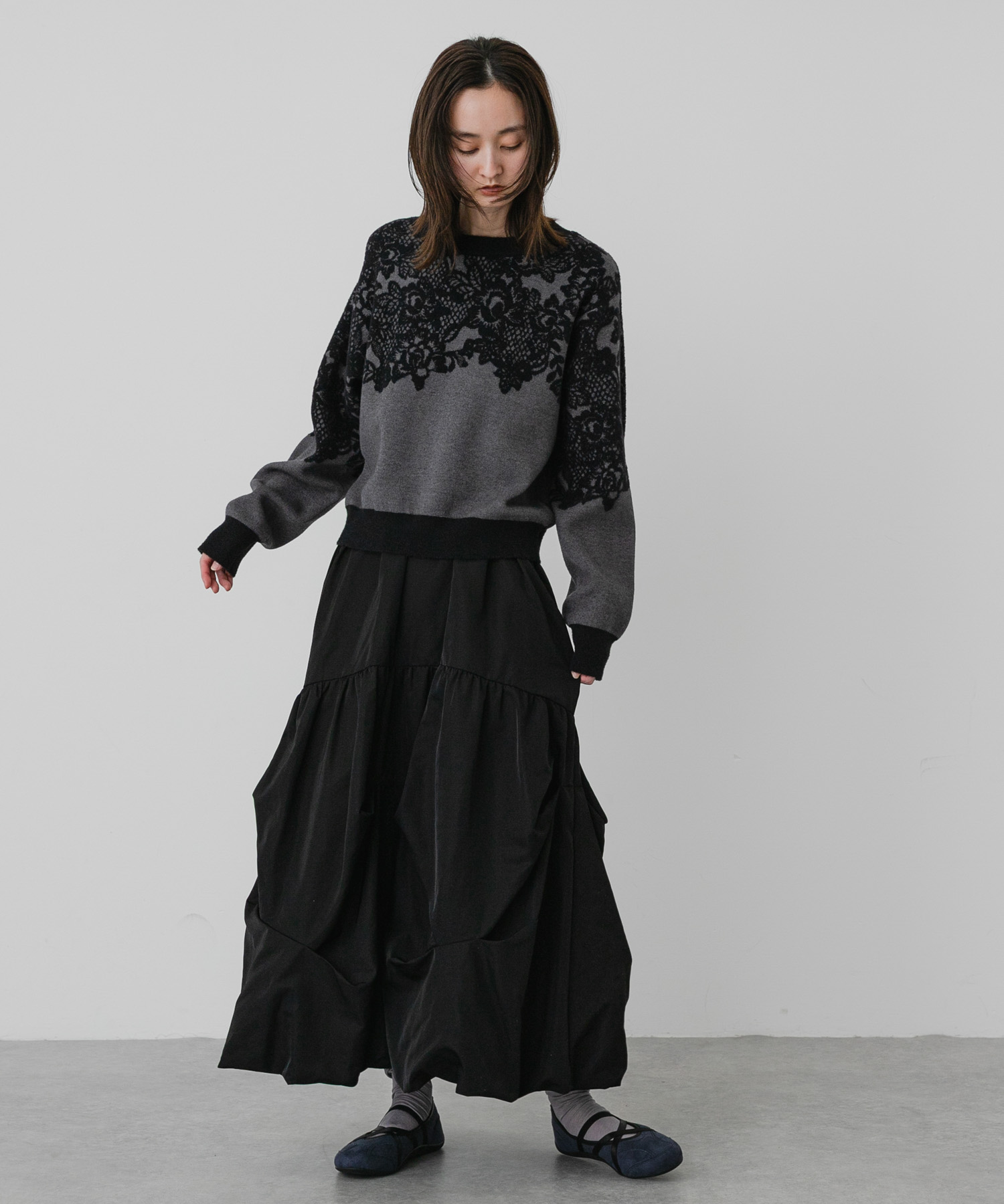 『軽量/抗菌/防臭』フラットソールバイカラーバレエスニーカー NVY×BLK S