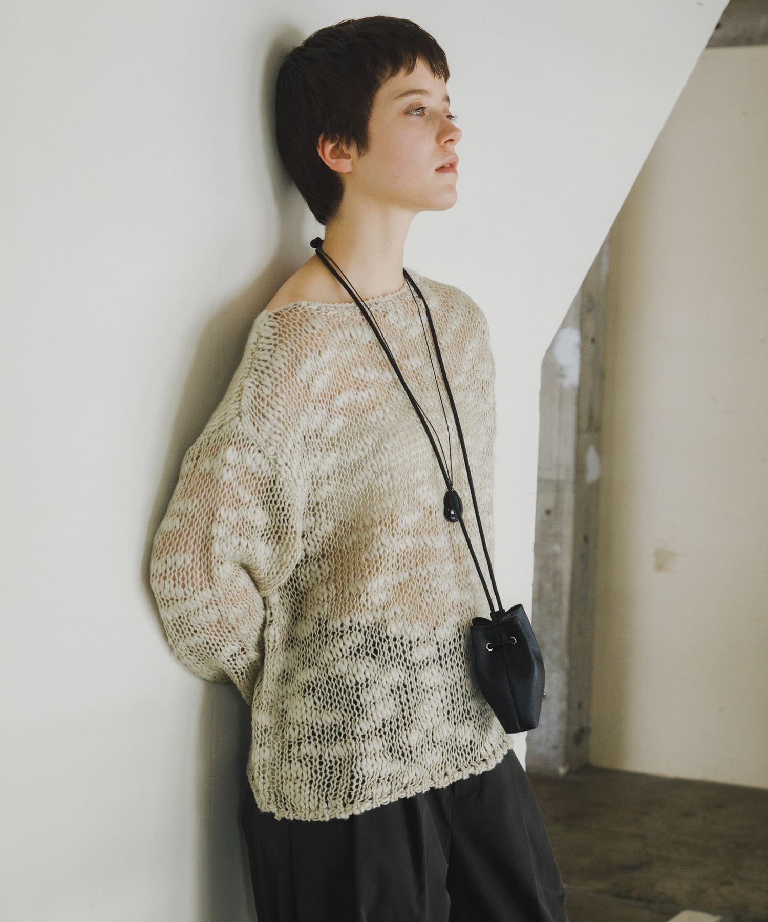 WEB/一部店舗限定』レザーコードストーンネックレス(One BLACK
