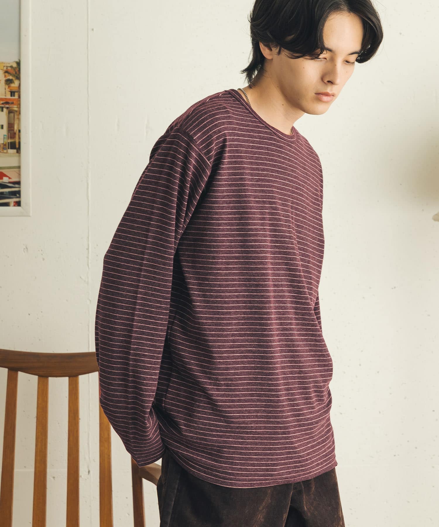 ブラッシュドボーダーロングTシャツ