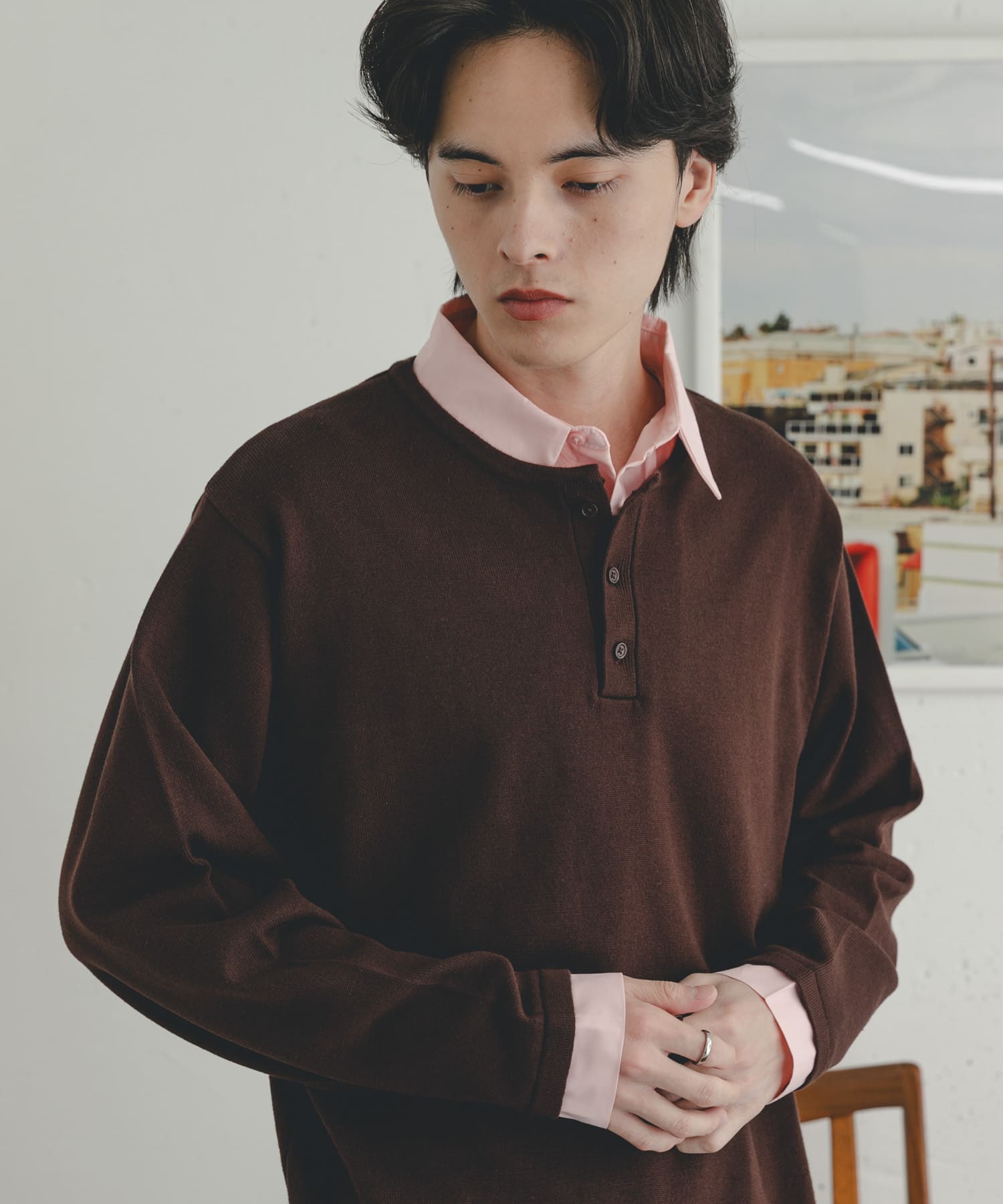 『洗濯可』シャツドッキングニットプルオーバー