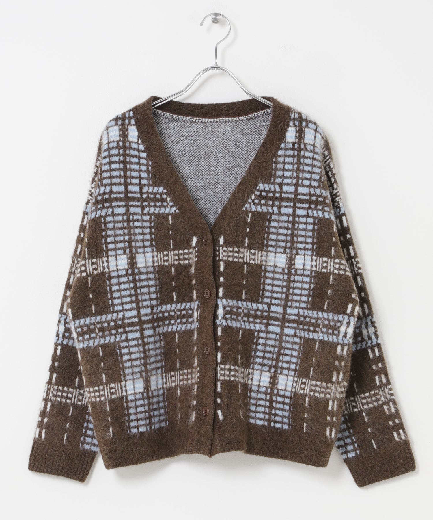 『洗濯可』チェックパターンニットカーディガン BROWN One