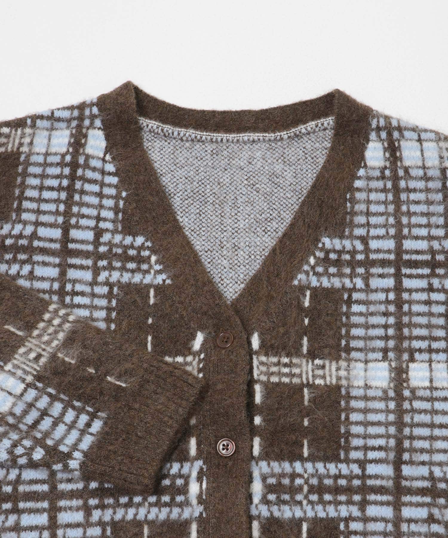 『洗濯可』チェックパターンニットカーディガン BROWN One