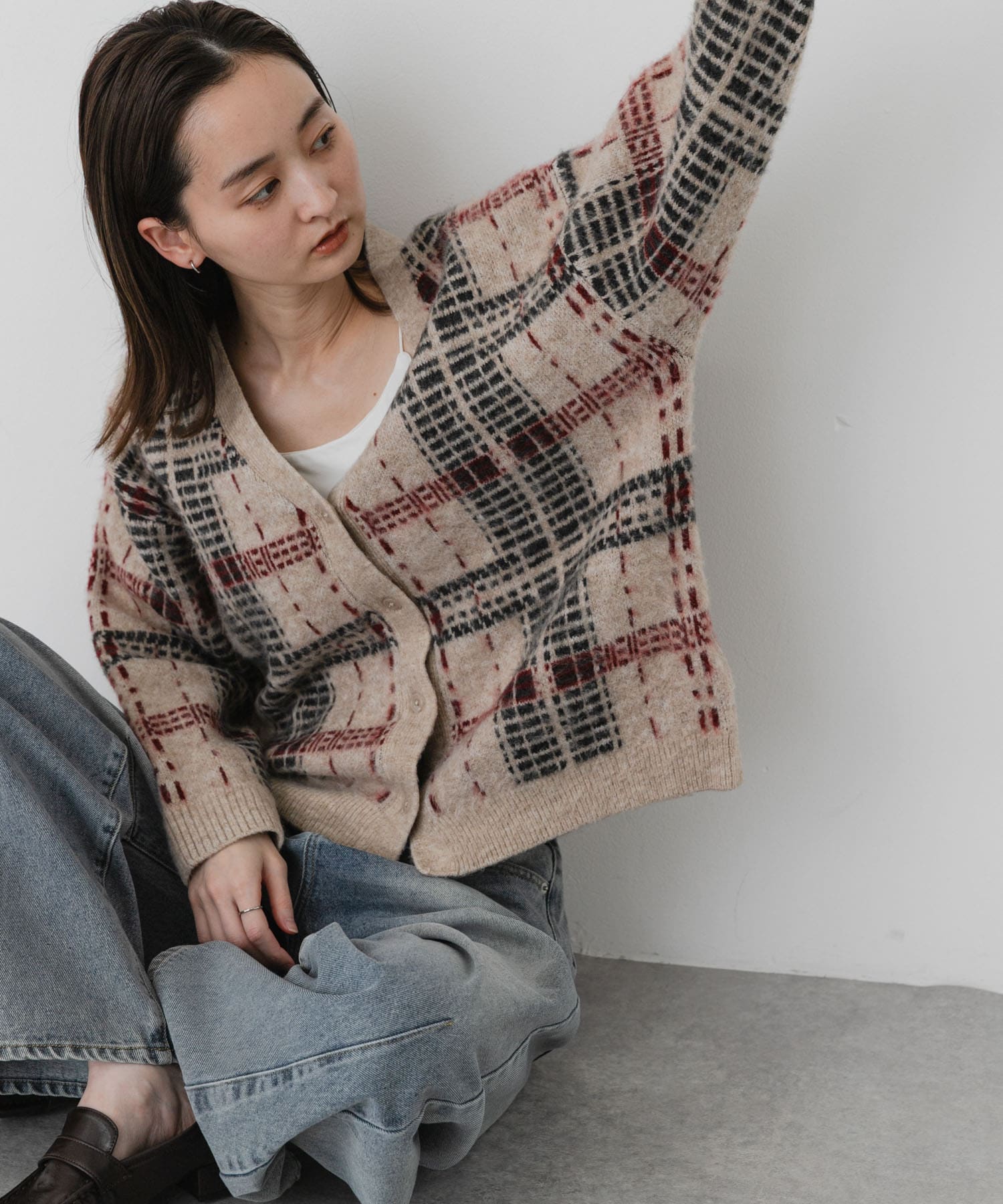 洗濯可』チェックパターンニットカーディガン(One BEIGE): トップス