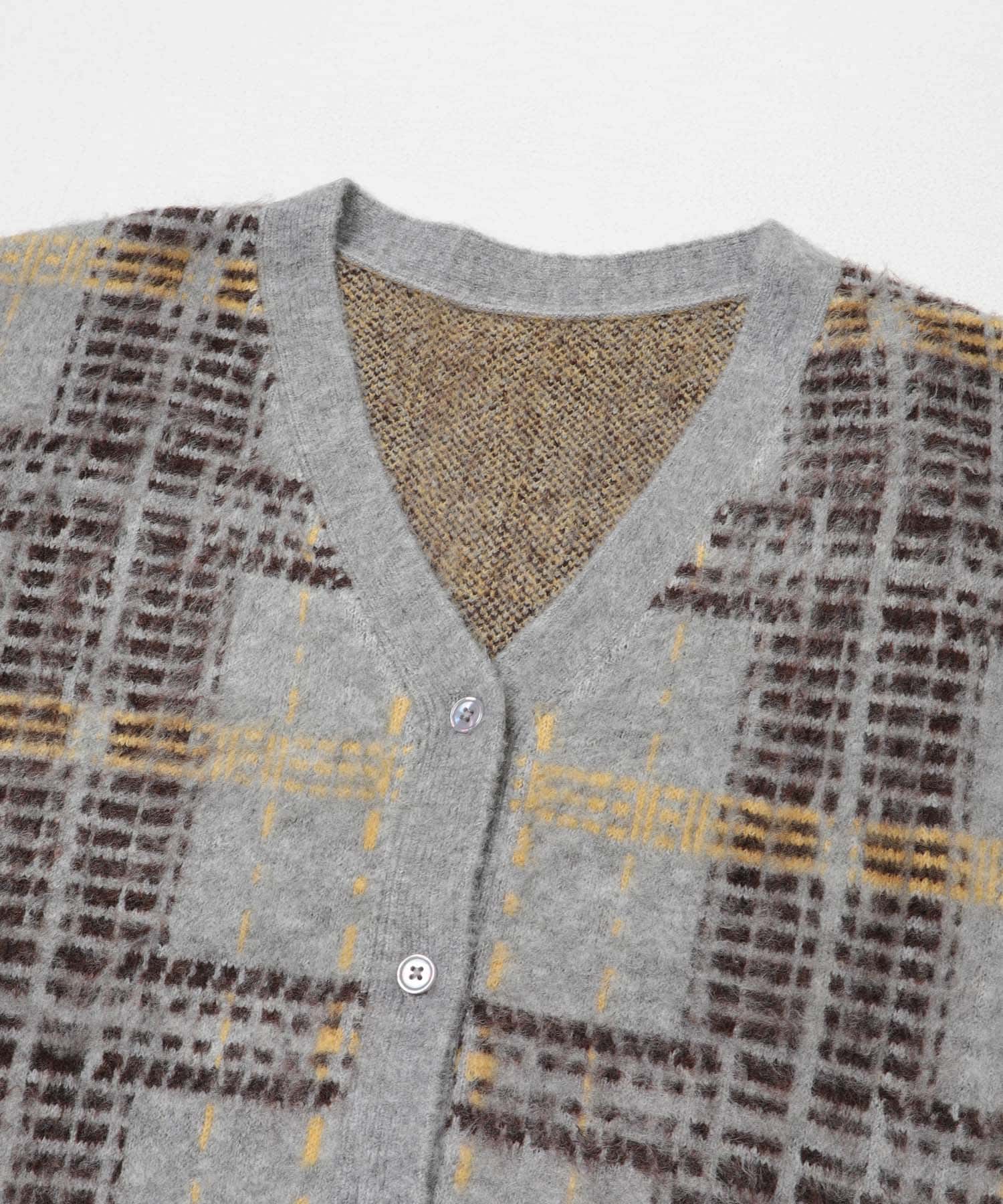 『洗濯可』チェックパターンニットカーディガン GRAY One