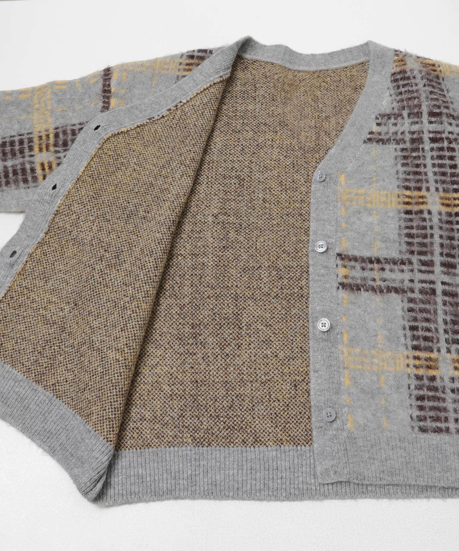 『洗濯可』チェックパターンニットカーディガン GRAY One