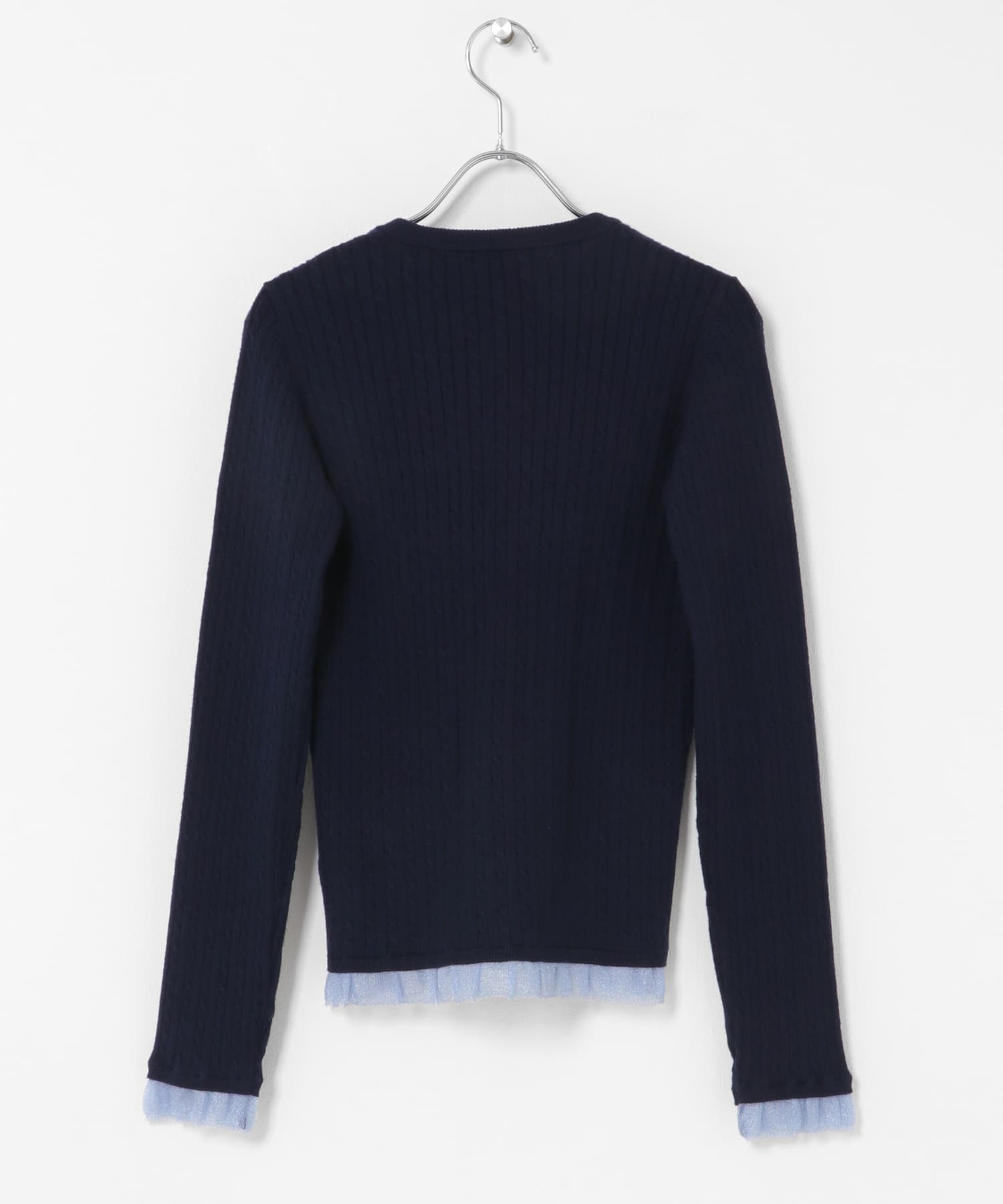 『洗濯可』プチフリルケーブルセーター NAVY One