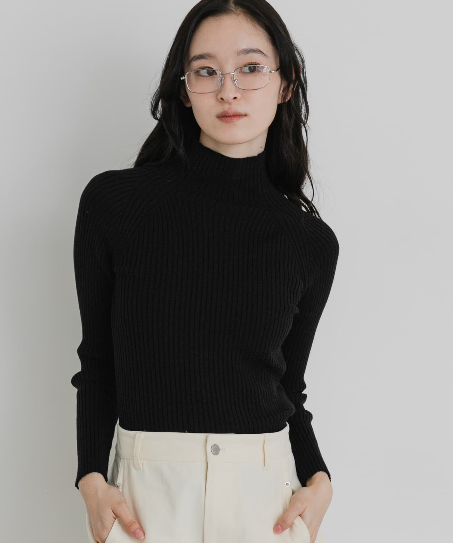 抗ピルストレッチリブハイネックセーター(COMPACT BLACK): トップス